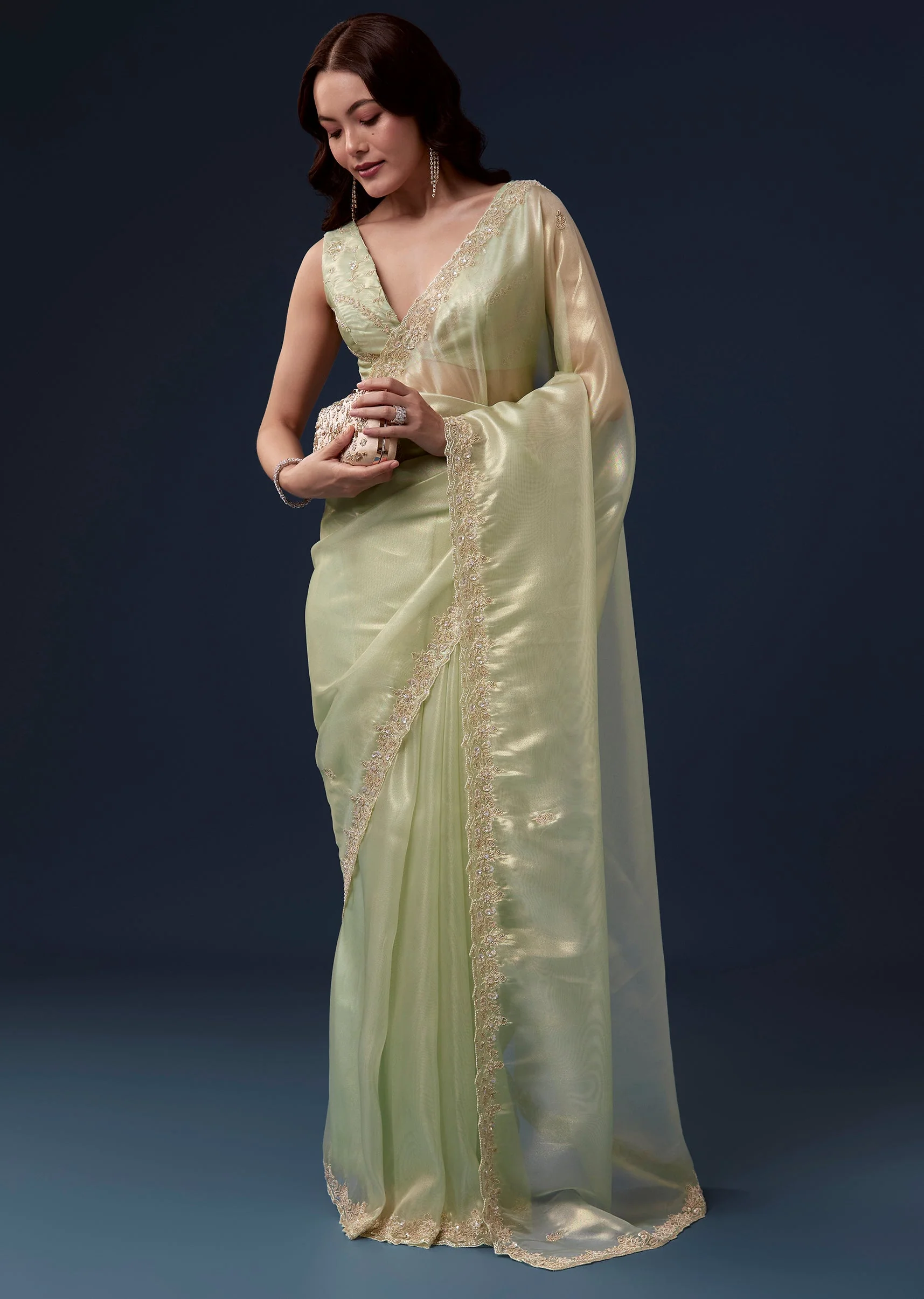 Pista Green Tissue Saree With Cutdana Beads Sequins And Zardosi Work - Image 3