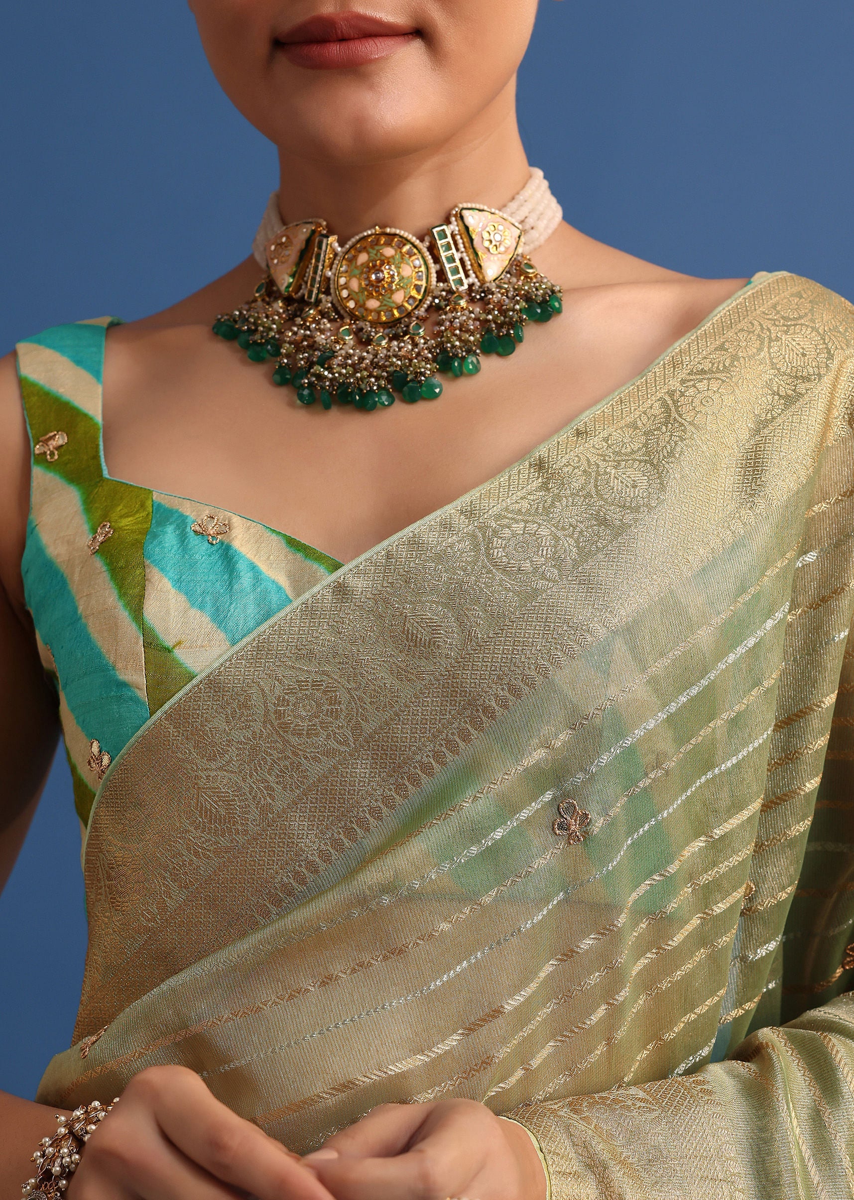 Pista Green Tissue Saree With Gota Patti And Zari Work And Lehriya Blouse - Image 2