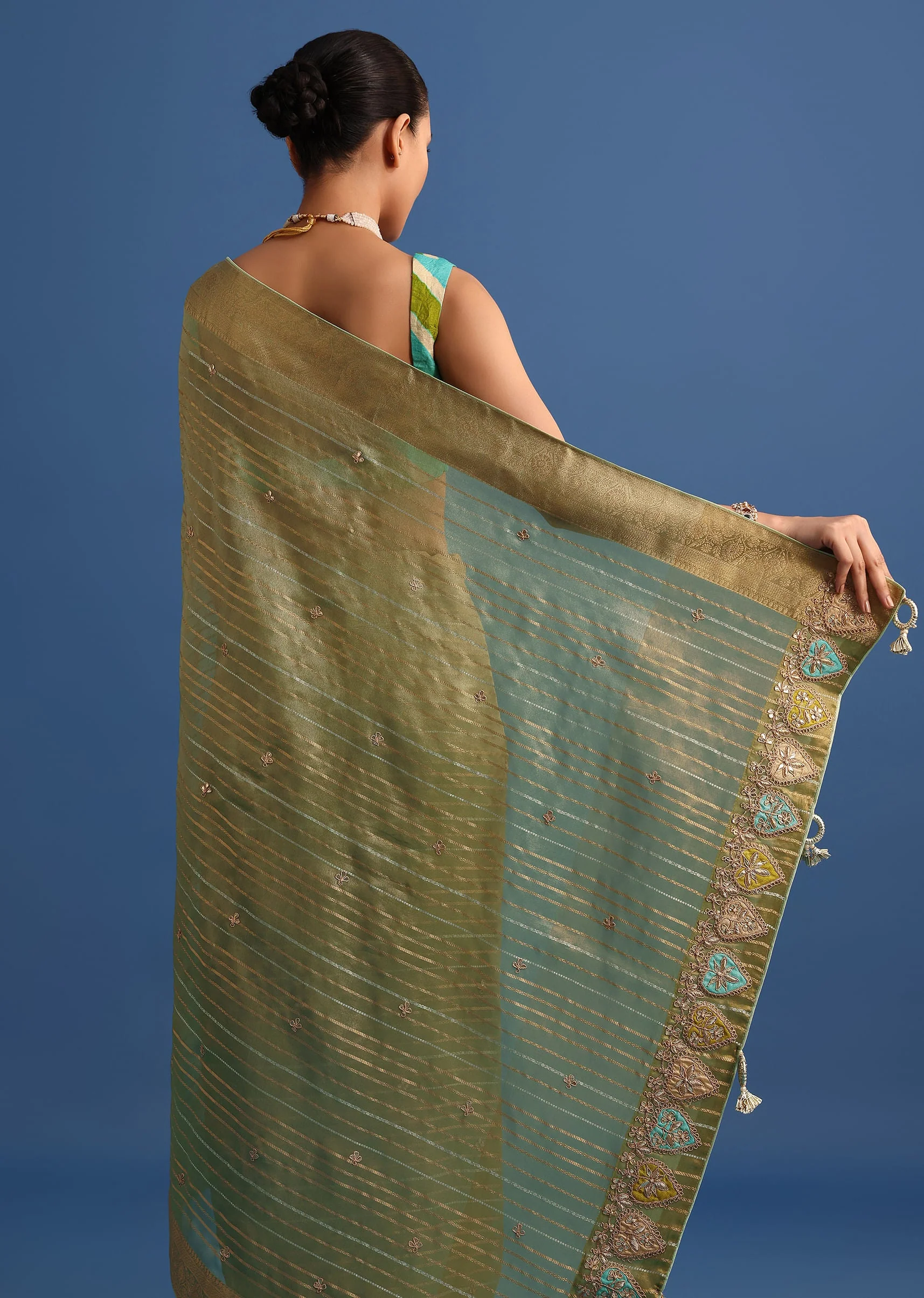 Pista Green Tissue Saree With Gota Patti And Zari Work And Lehriya Blouse - Image 4