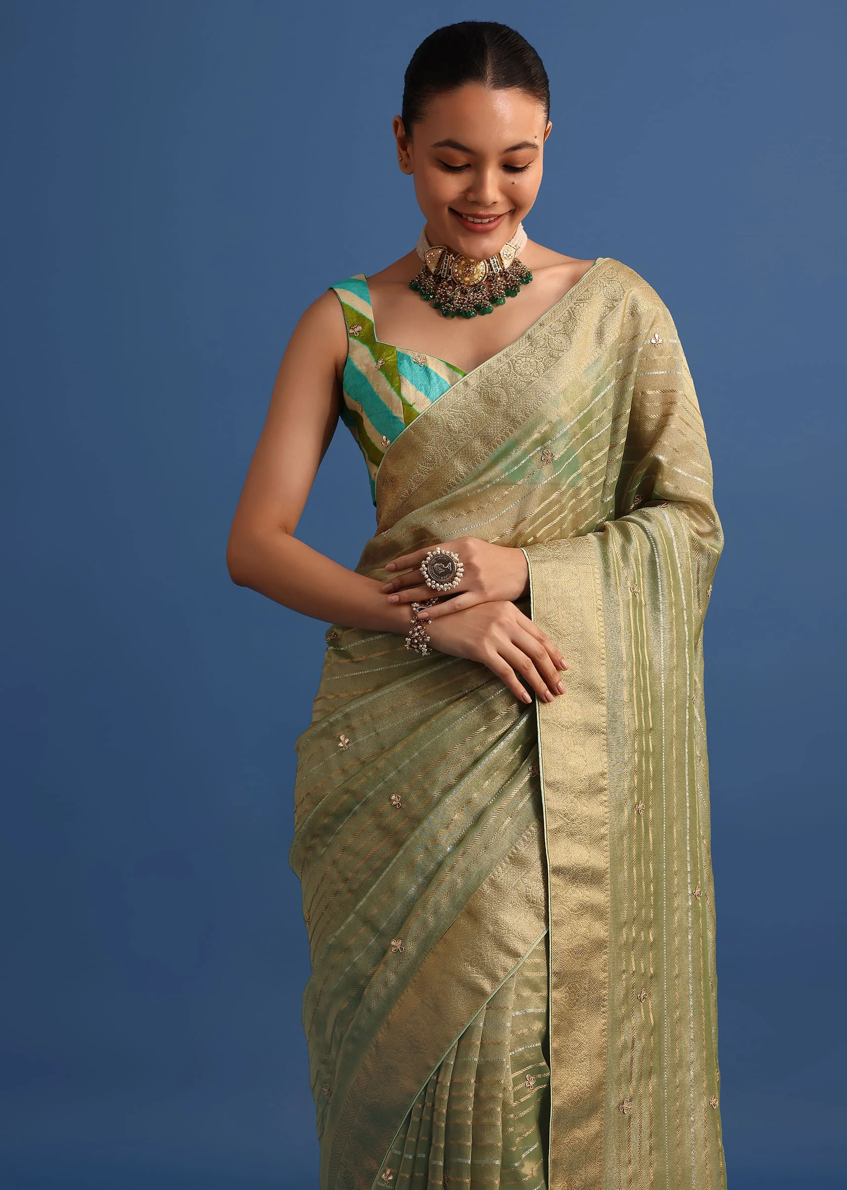 Pista Green Tissue Saree With Gota Patti And Zari Work And Lehriya Blouse - Image 5