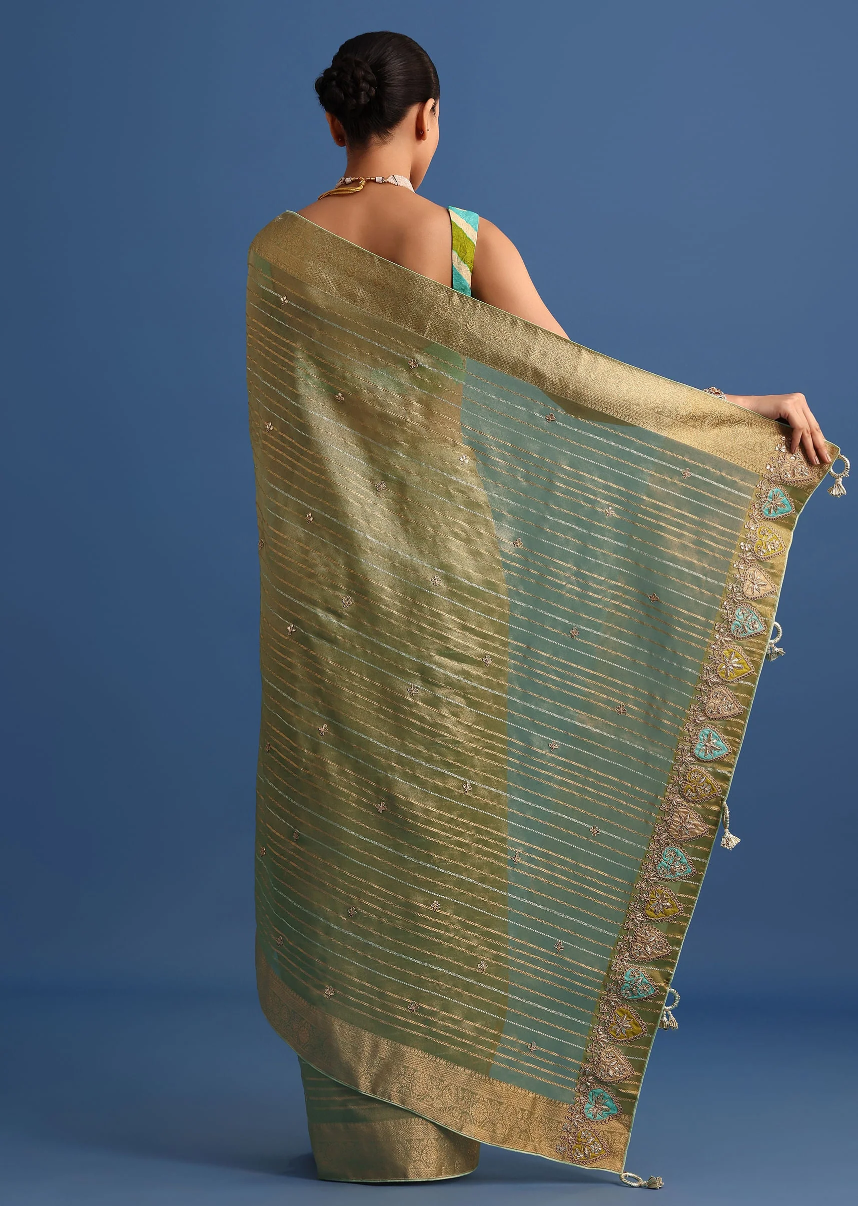 Pista Green Tissue Saree With Gota Patti And Zari Work And Lehriya Blouse - Image 6