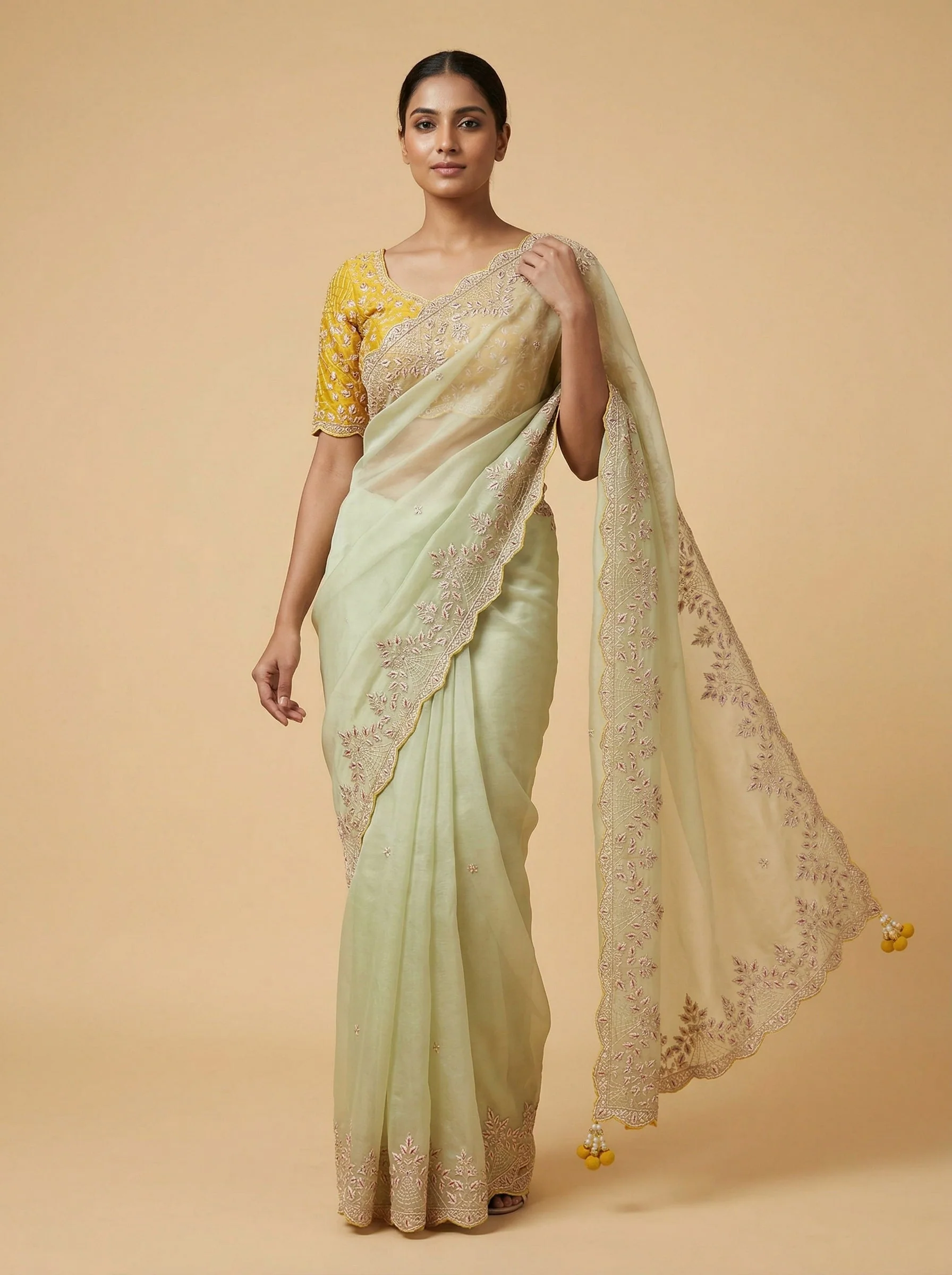 Pista Mustard Contrast Embroidered Saree