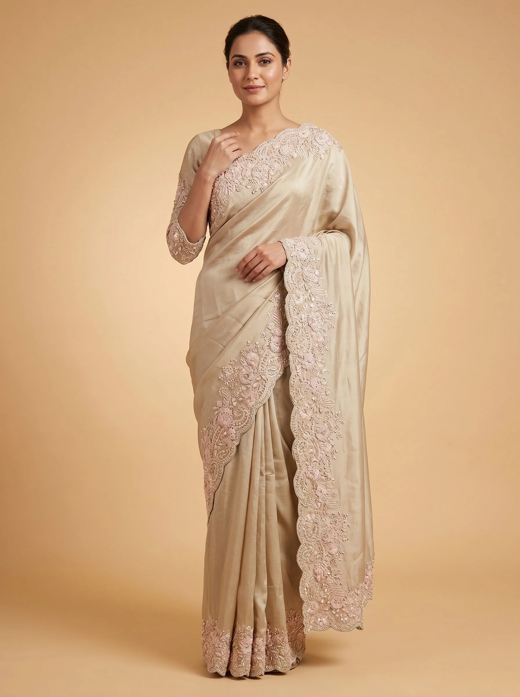 Pista Soft Tone Embroidered Saree