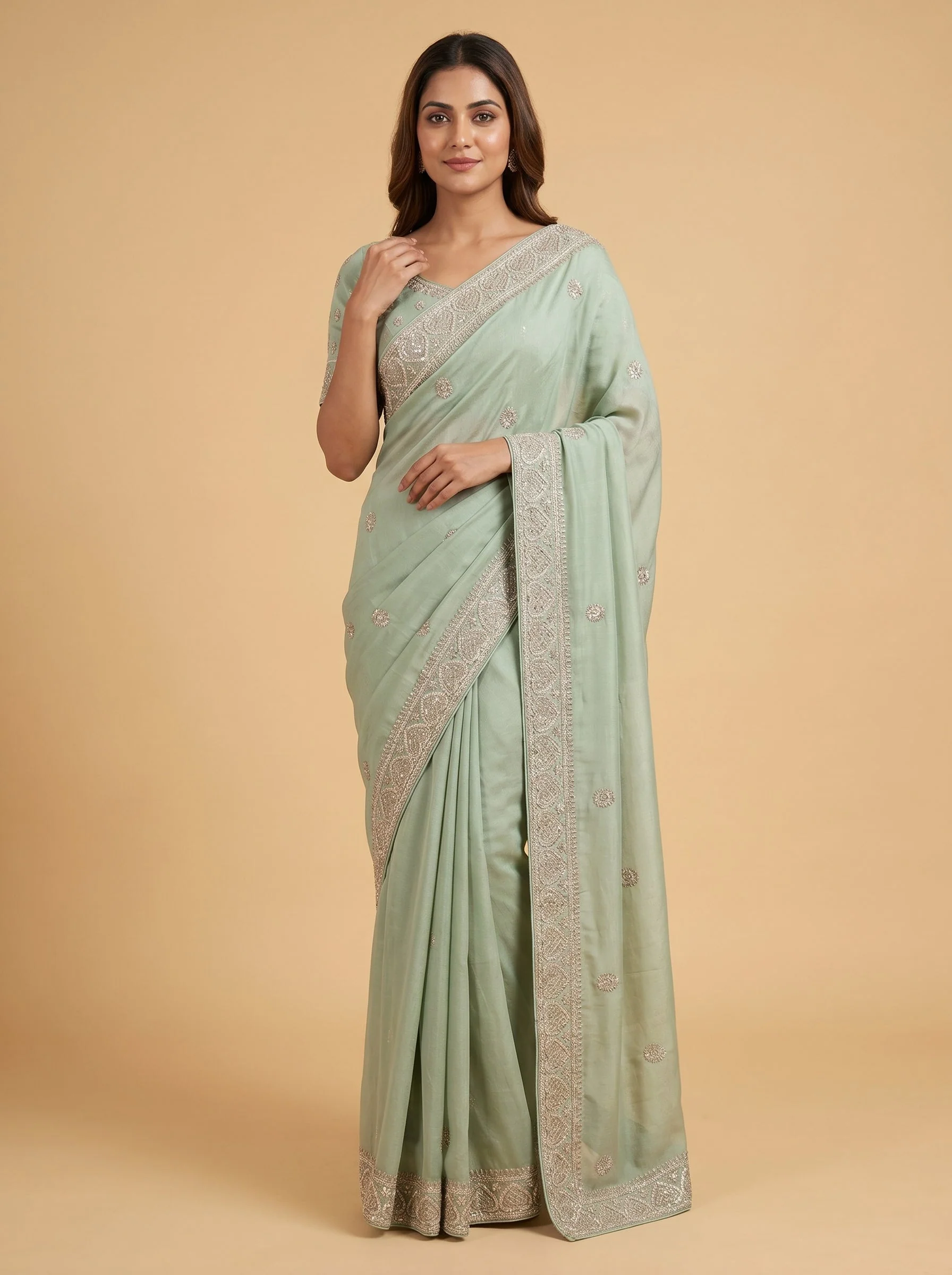 Pista Subtle Embroidered Saree