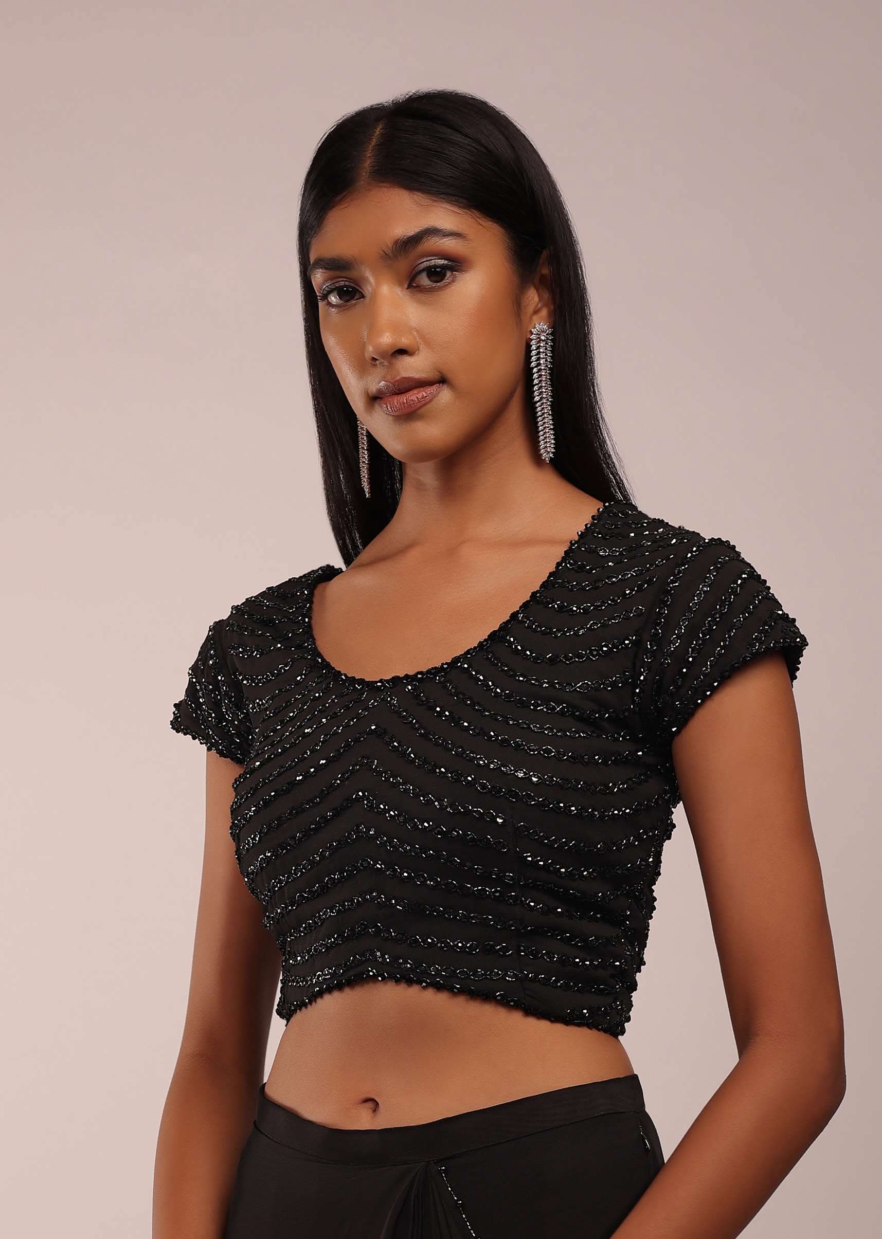 Pitch Black Saree With Three Tones Of Layered Frills On The Bottom Embellished In Stones And Sequins With A Tassel On The Pallu Corner - Image 6