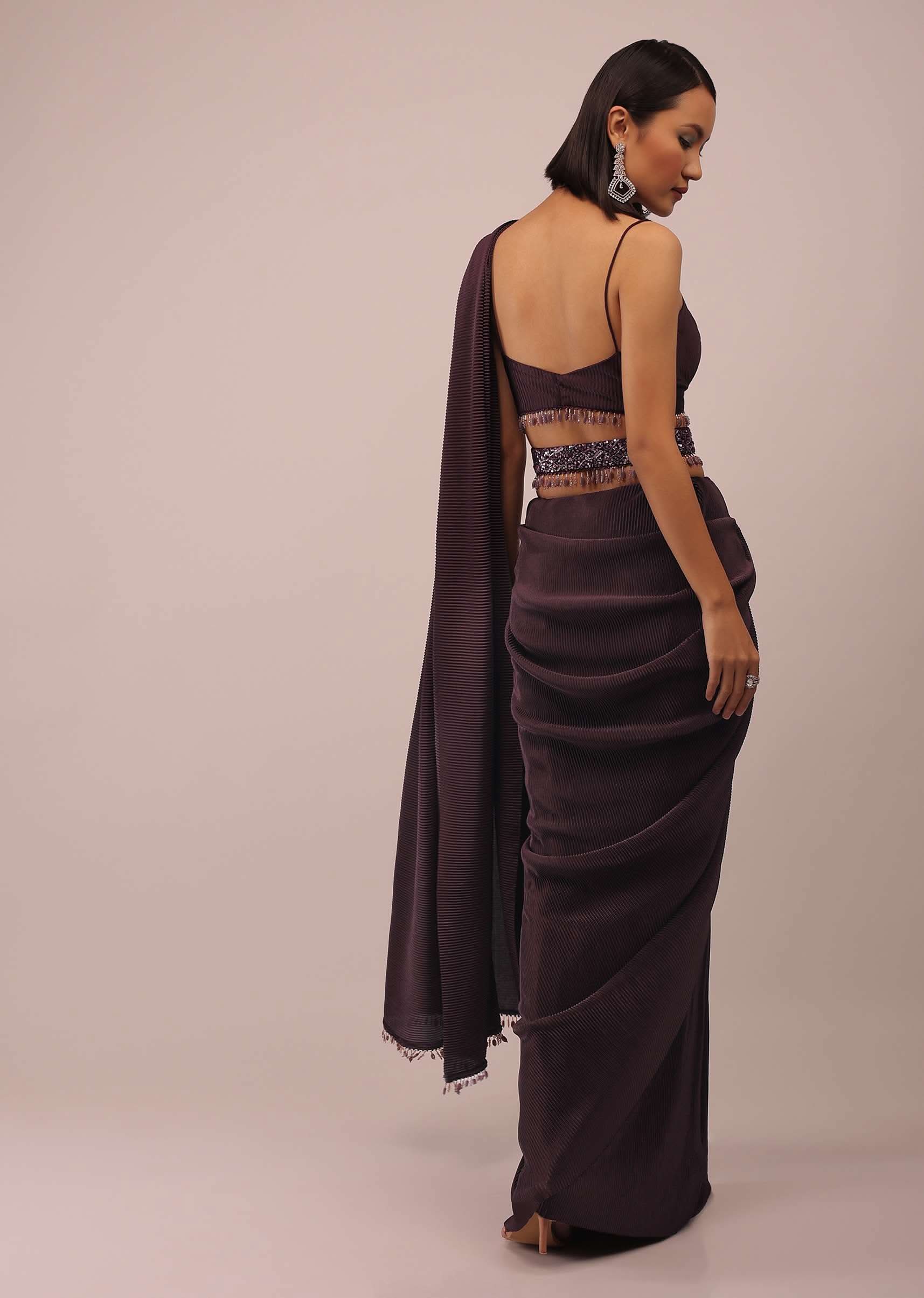 Plum Saree With Moti And Cut Dana Fringes Detailing On The Pallu And A Spaghetti Straps Crop Top With An Embroidered Belt In Fringes - Image 2