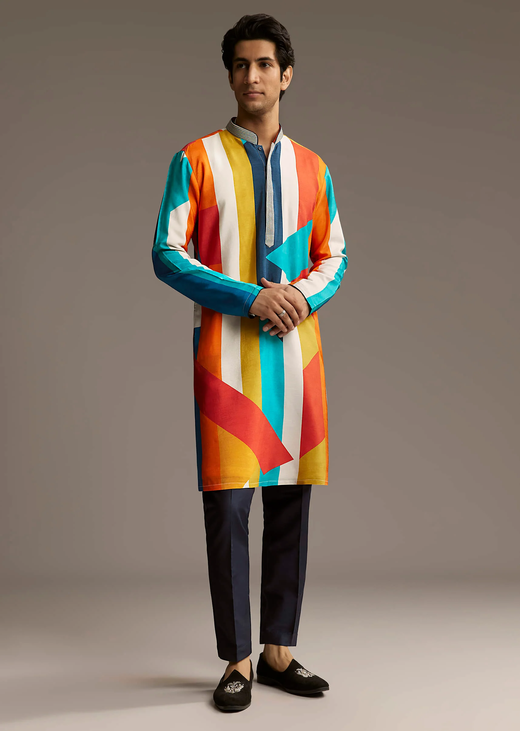 Poppy Multicolour Silk Kurta Set For Men With Print