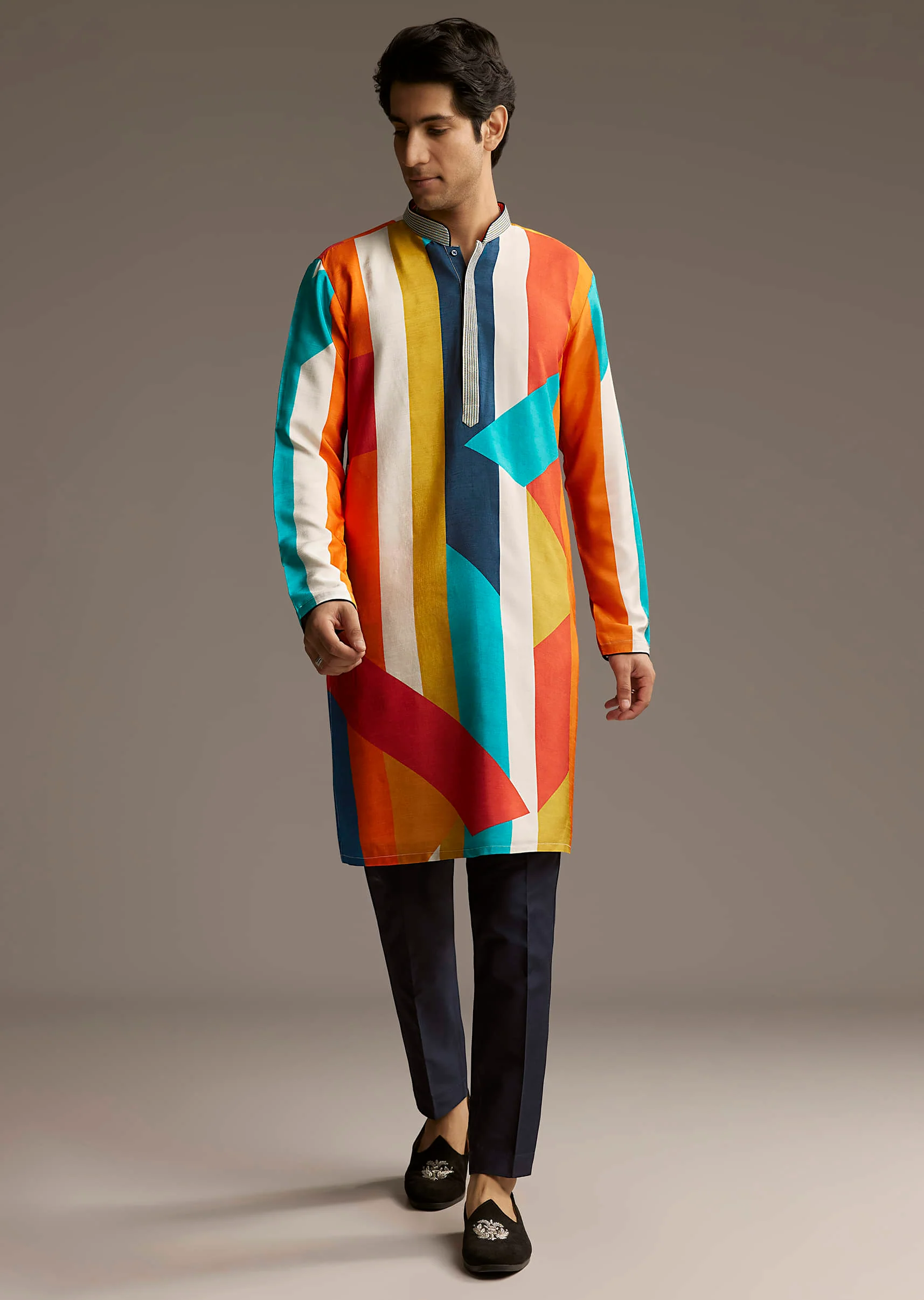 Poppy Multicolour Silk Kurta Set For Men With Print - Image 3