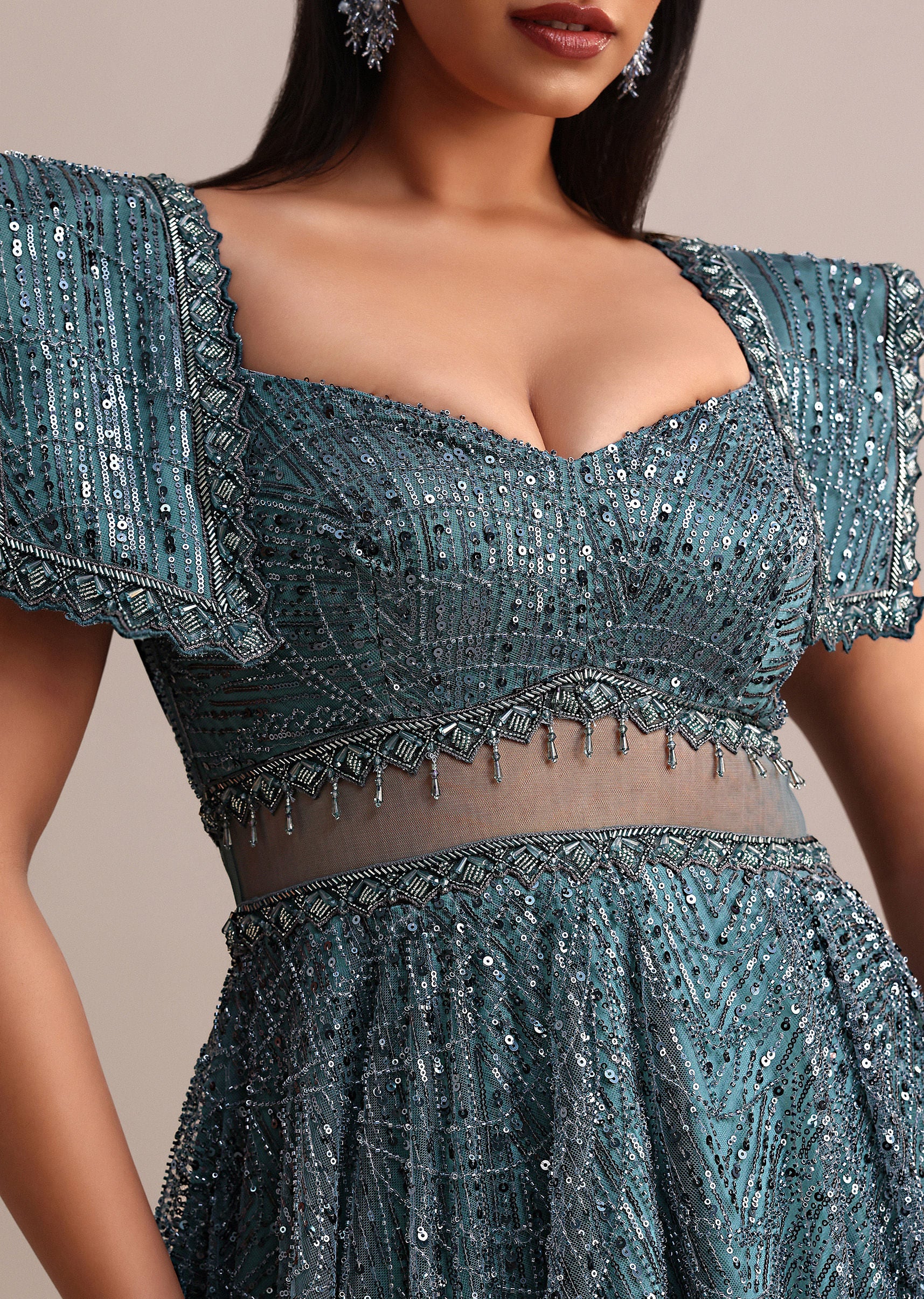 Poseidon Teal Circular Flared Gown With Fancy Sleeves - Image 2