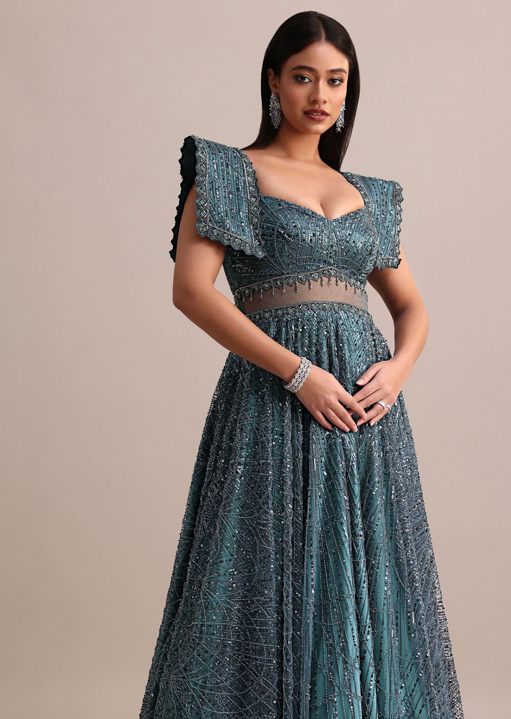 Poseidon Teal Circular Flared Gown With Fancy Sleeves - Image 4
