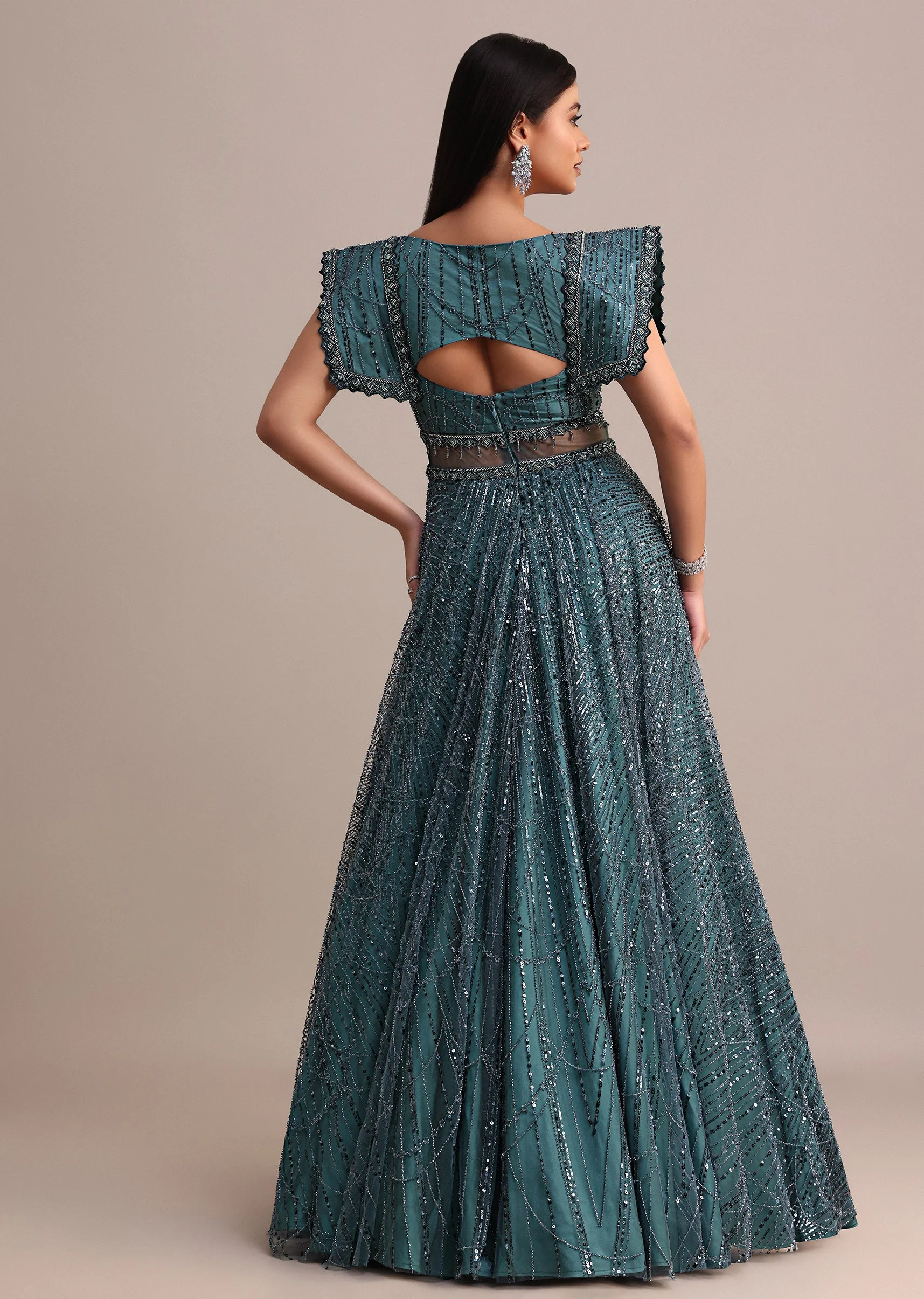 Poseidon Teal Circular Flared Gown With Fancy Sleeves - Image 5