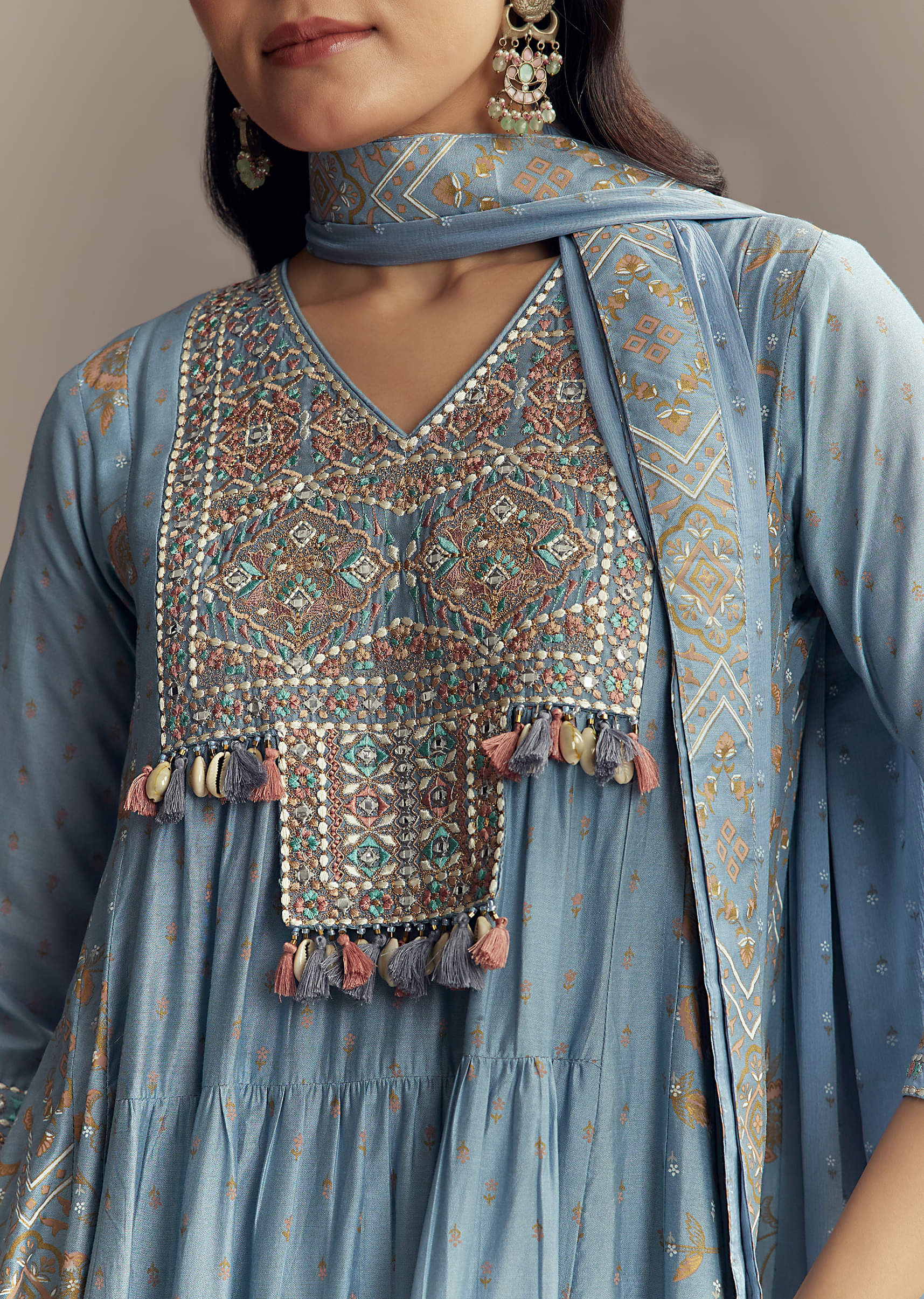 Powder Blue Chanderi Printed Anarkali Suit With Resham Work - Image 2