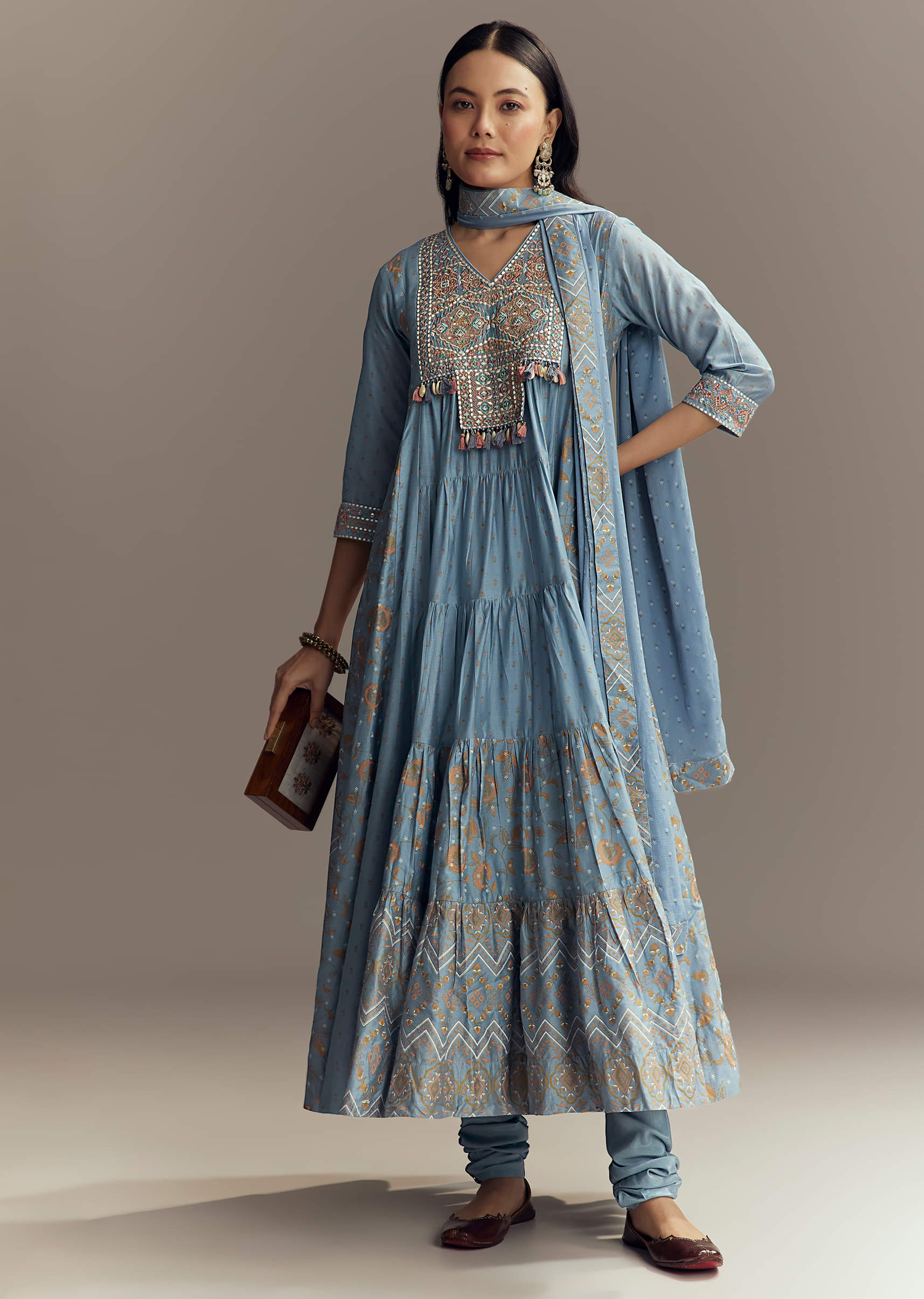 Powder Blue Chanderi Printed Anarkali Suit With Resham Work - Image 3