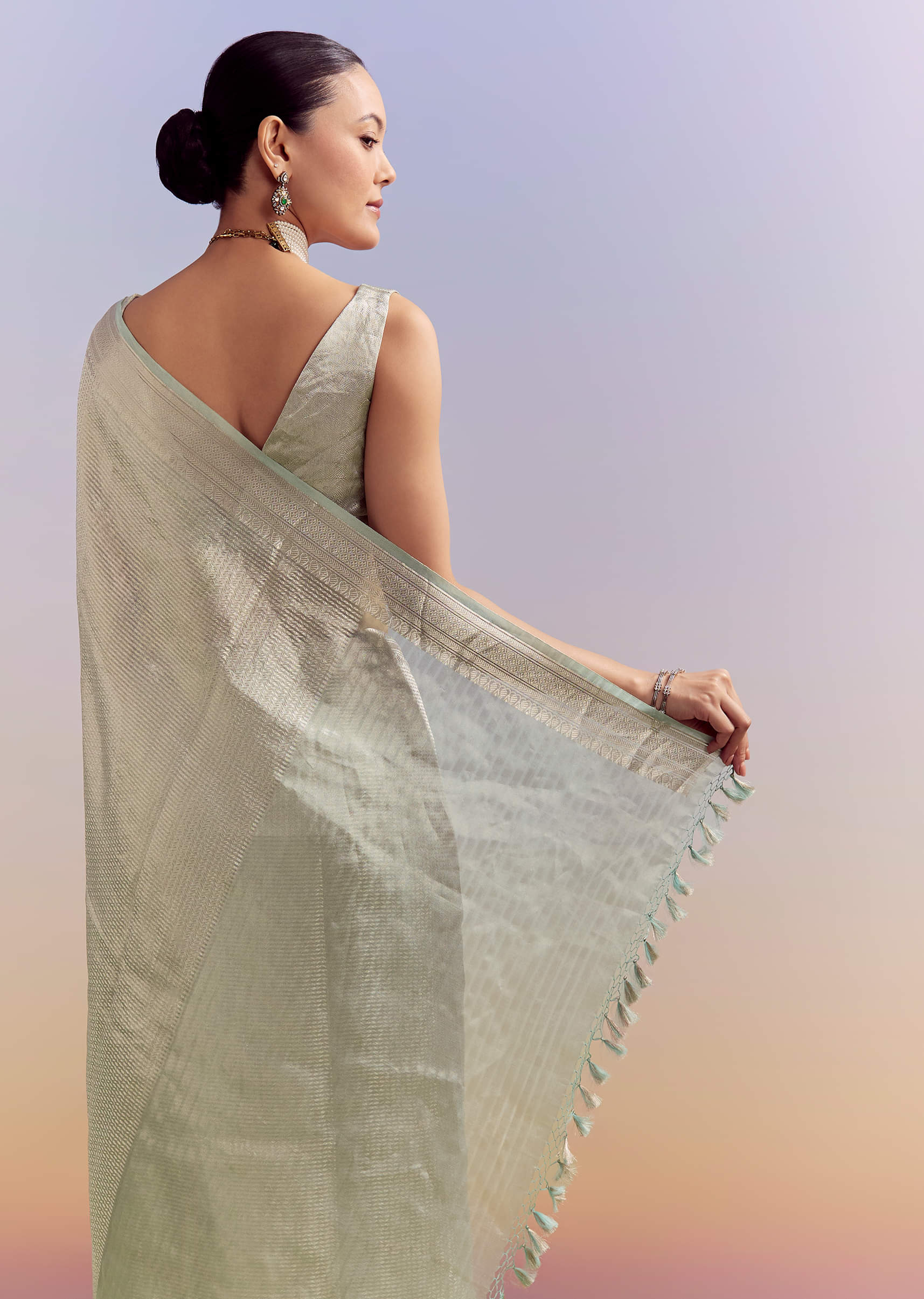 Powder Blue Chanderi Silk Woven Saree With Zari Work - Image 7