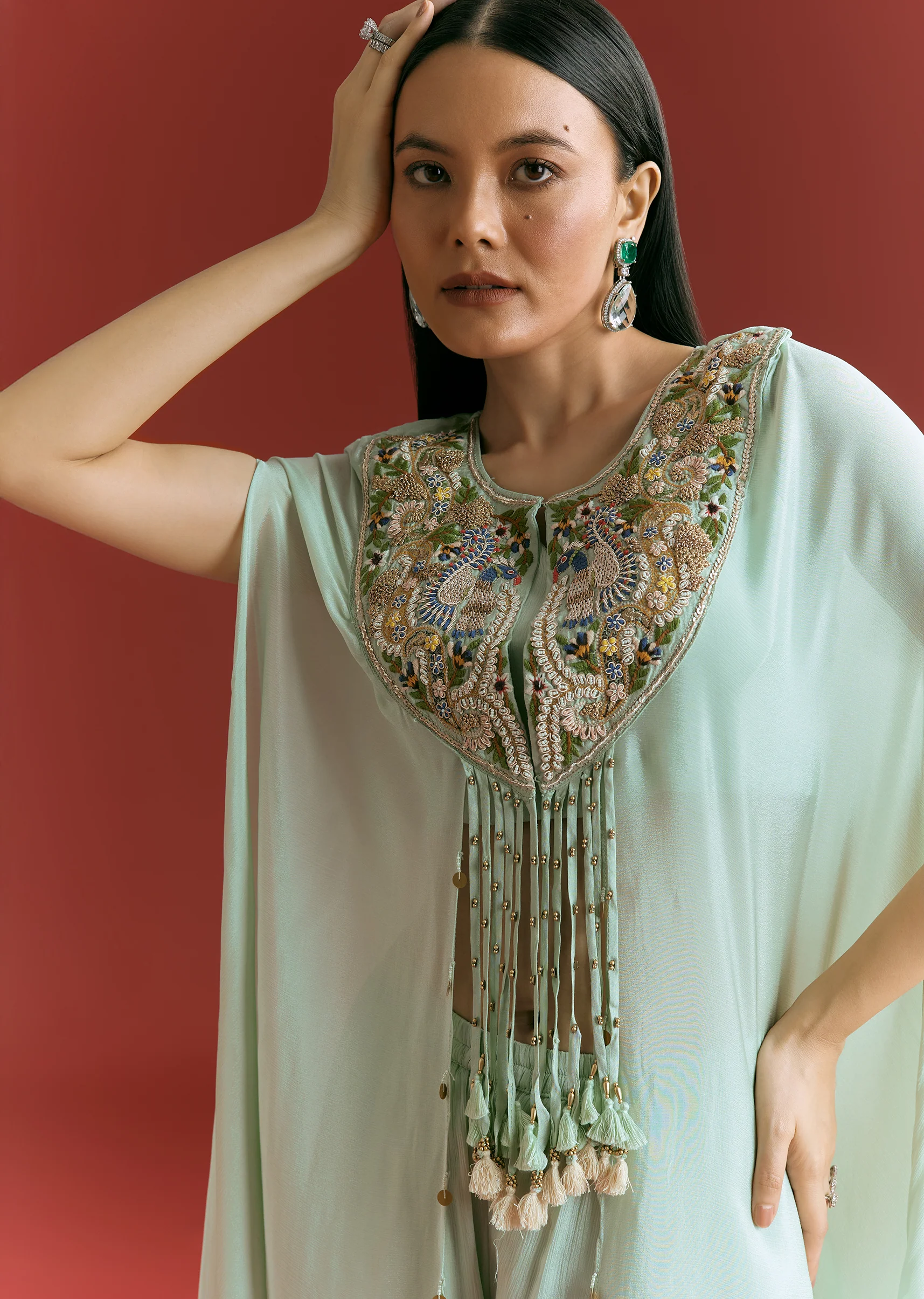 Powder Blue Chinon Cape Suit With Zardosi Thread And Moti Work - Image 2