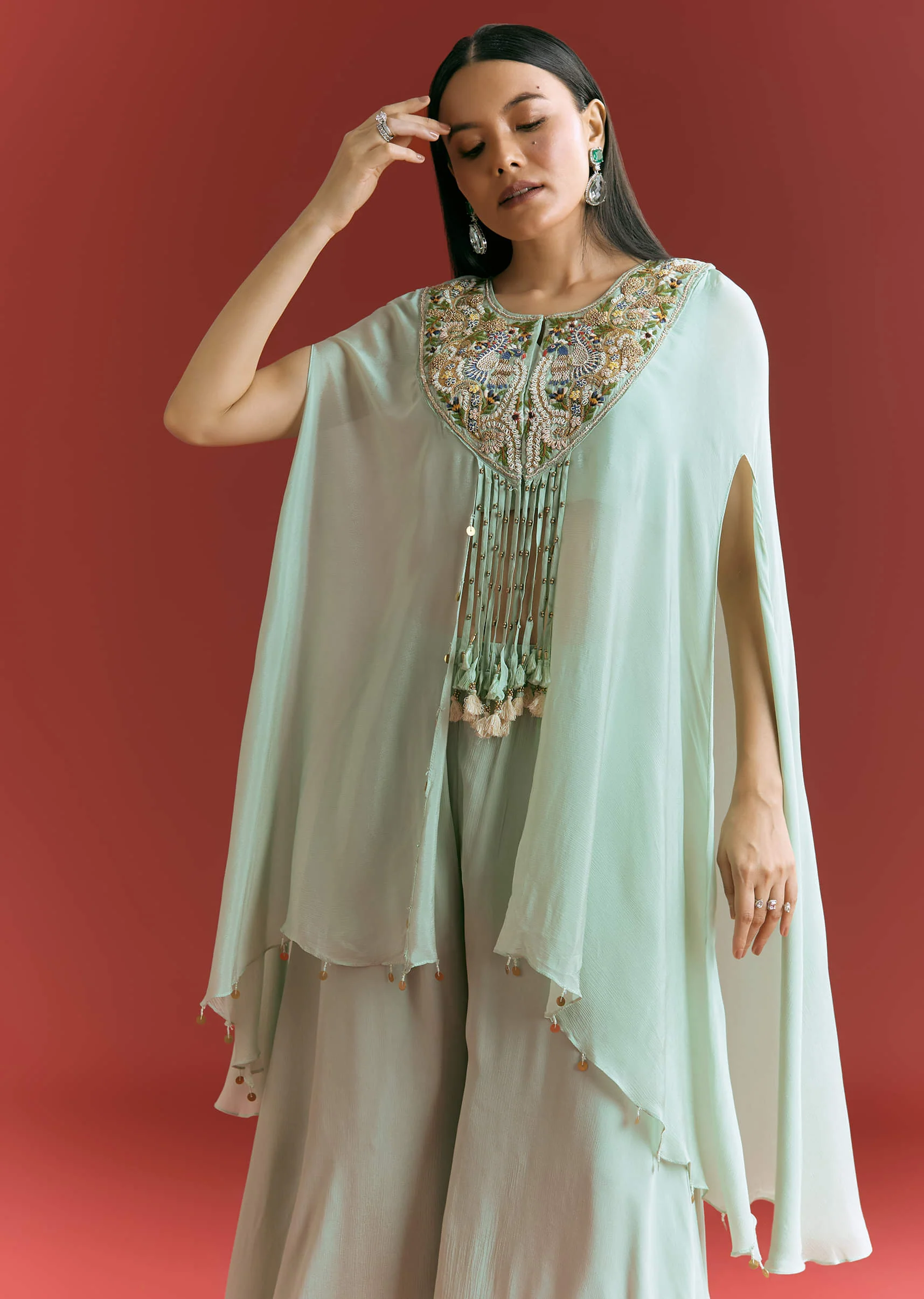 Powder Blue Chinon Cape Suit With Zardosi Thread And Moti Work - Image 4