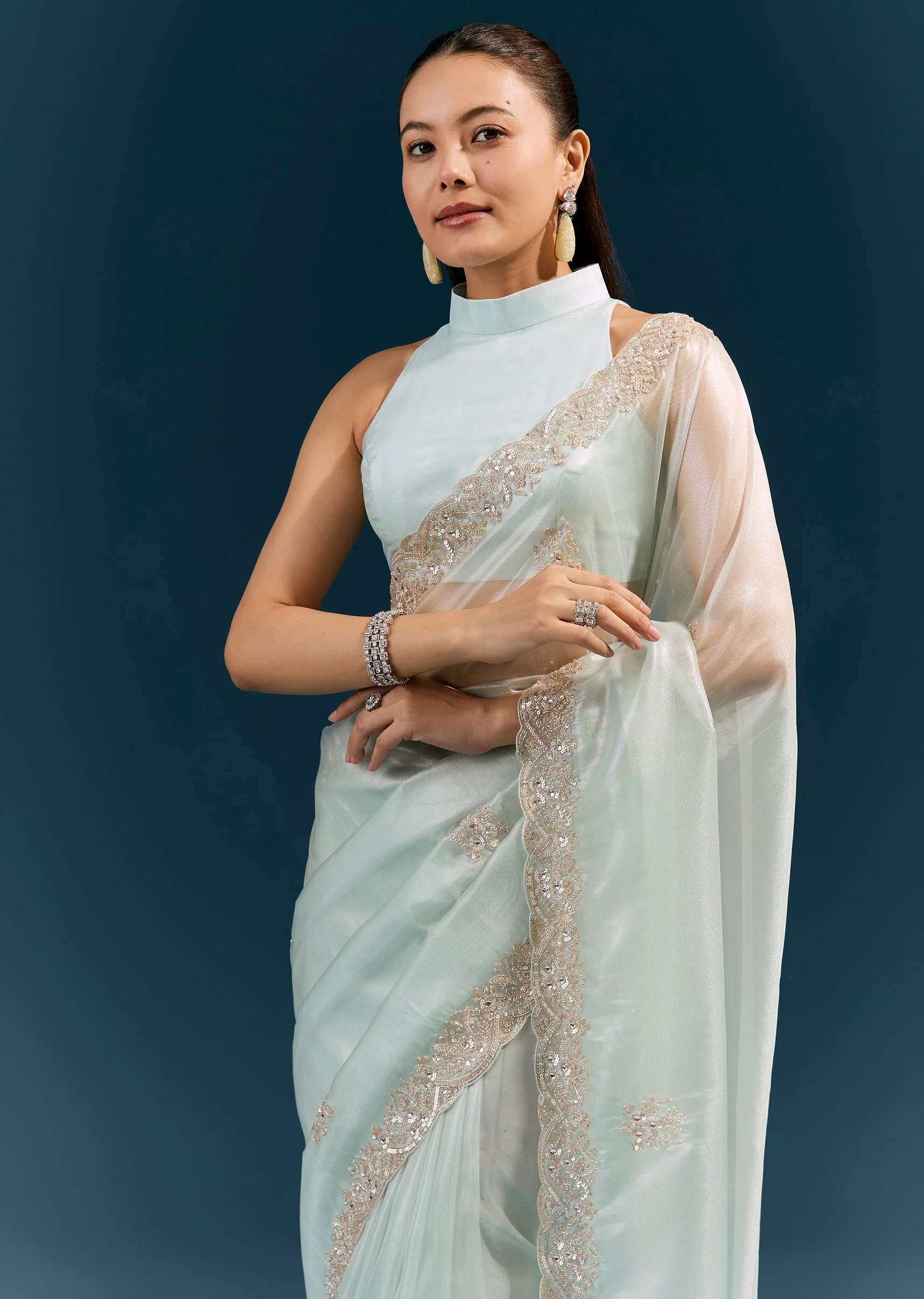 Powder Blue Net Saree With Scalloped Embroidered Border And Shimmer Detailing - Image 5