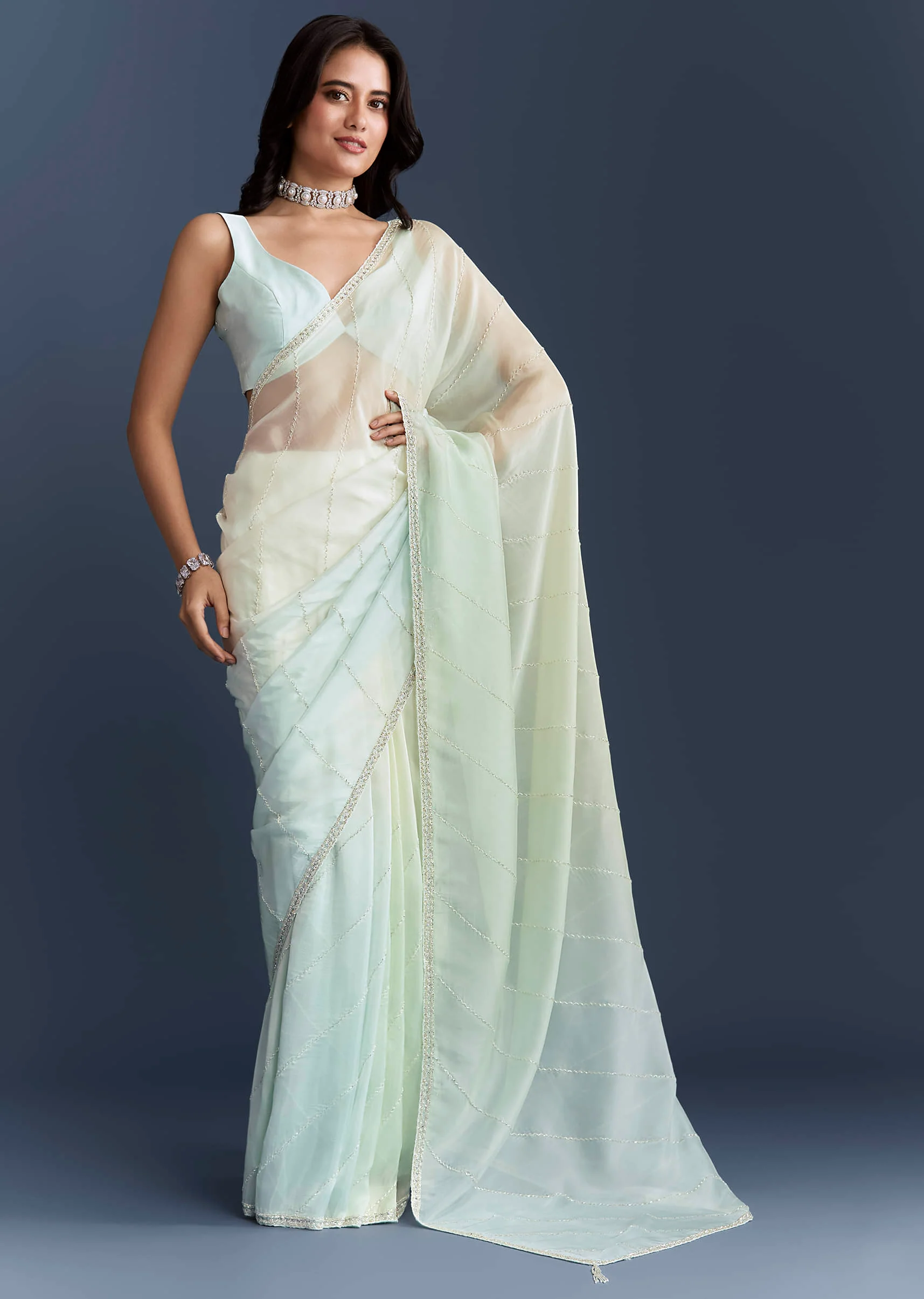 Powder Blue Organza Saree With Heavy Hand Embroidery - Image 3
