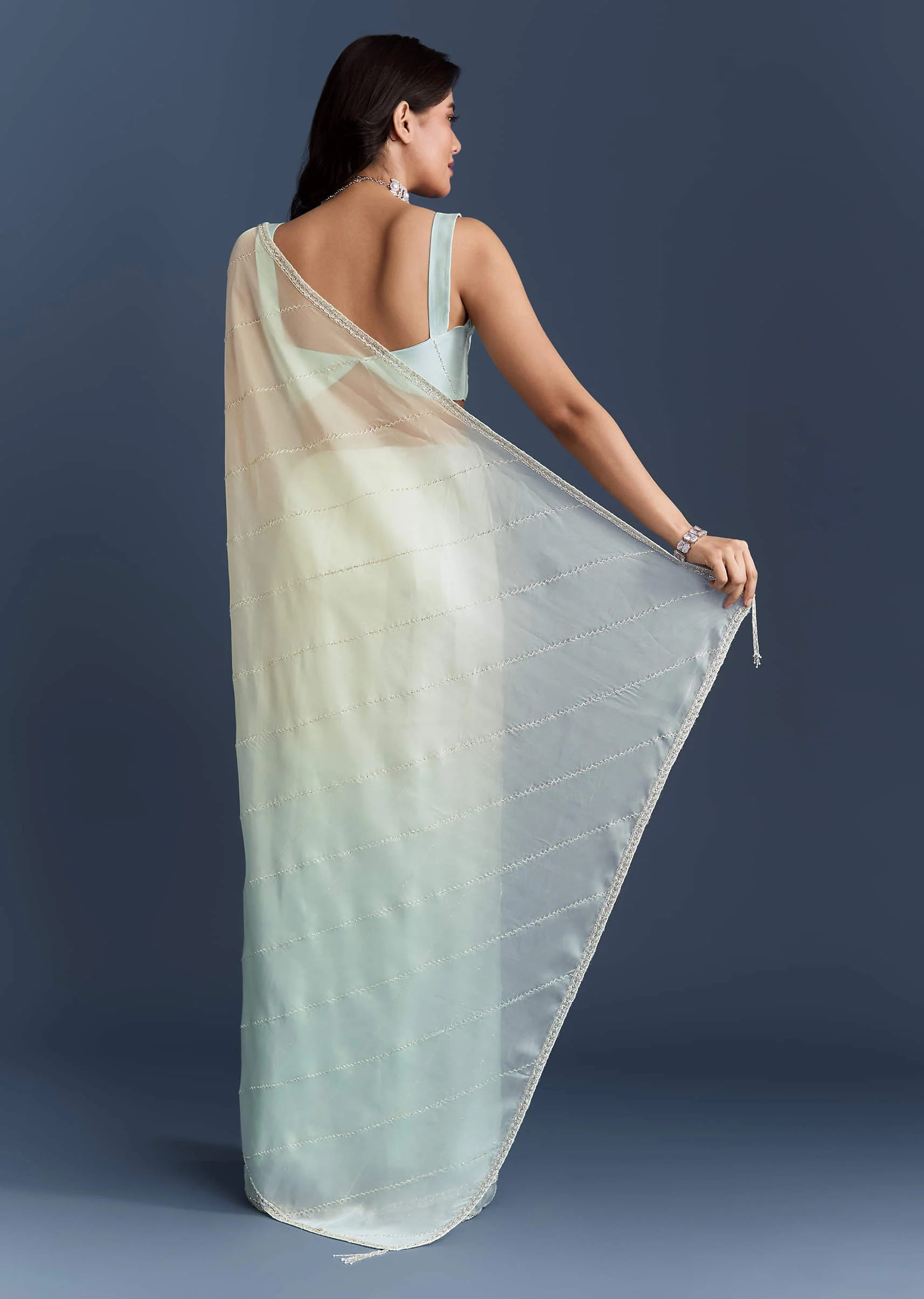 Powder Blue Organza Saree With Heavy Hand Embroidery - Image 4