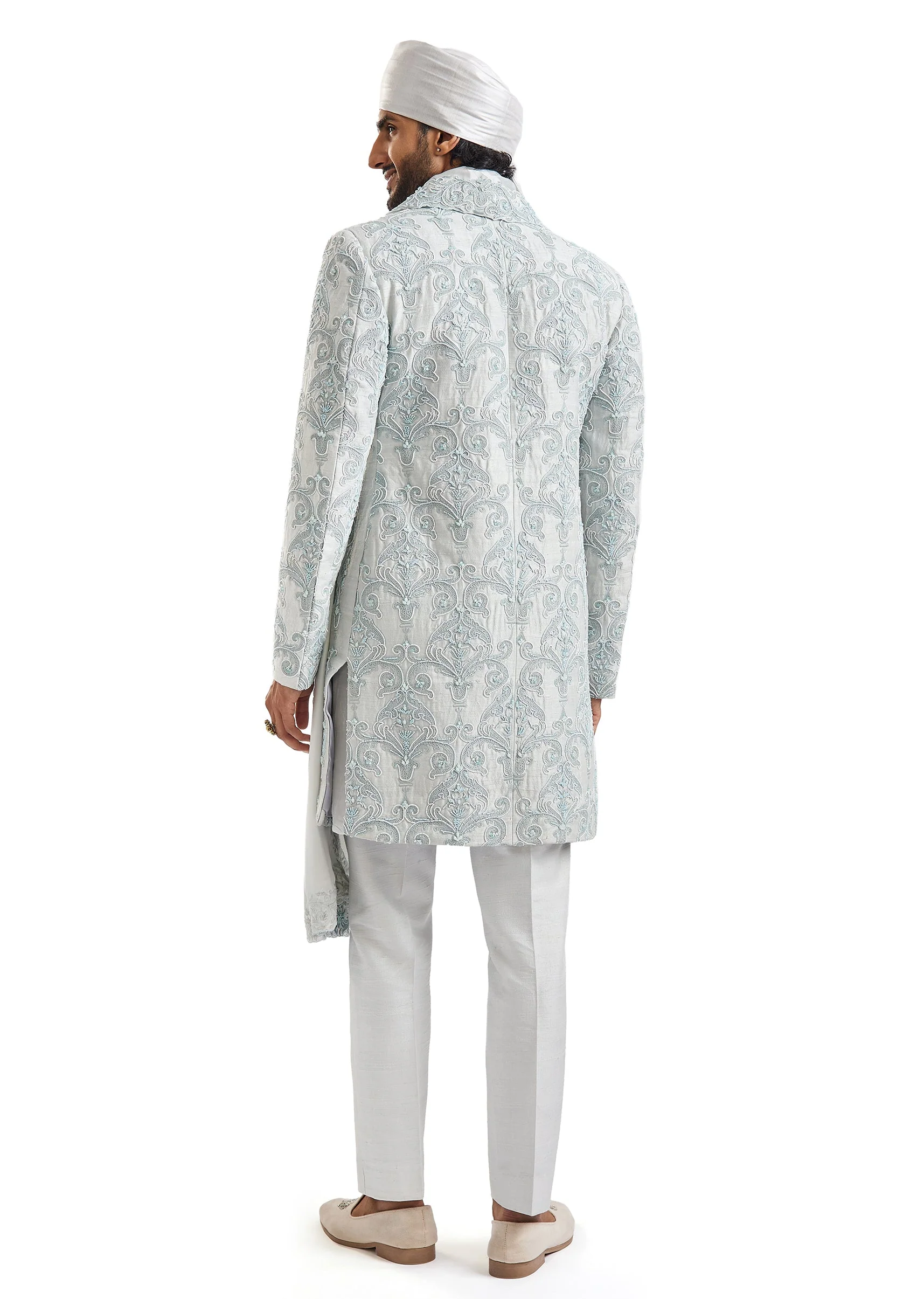 Powder Blue Self Embroidered Groom Sherwani - Image 6