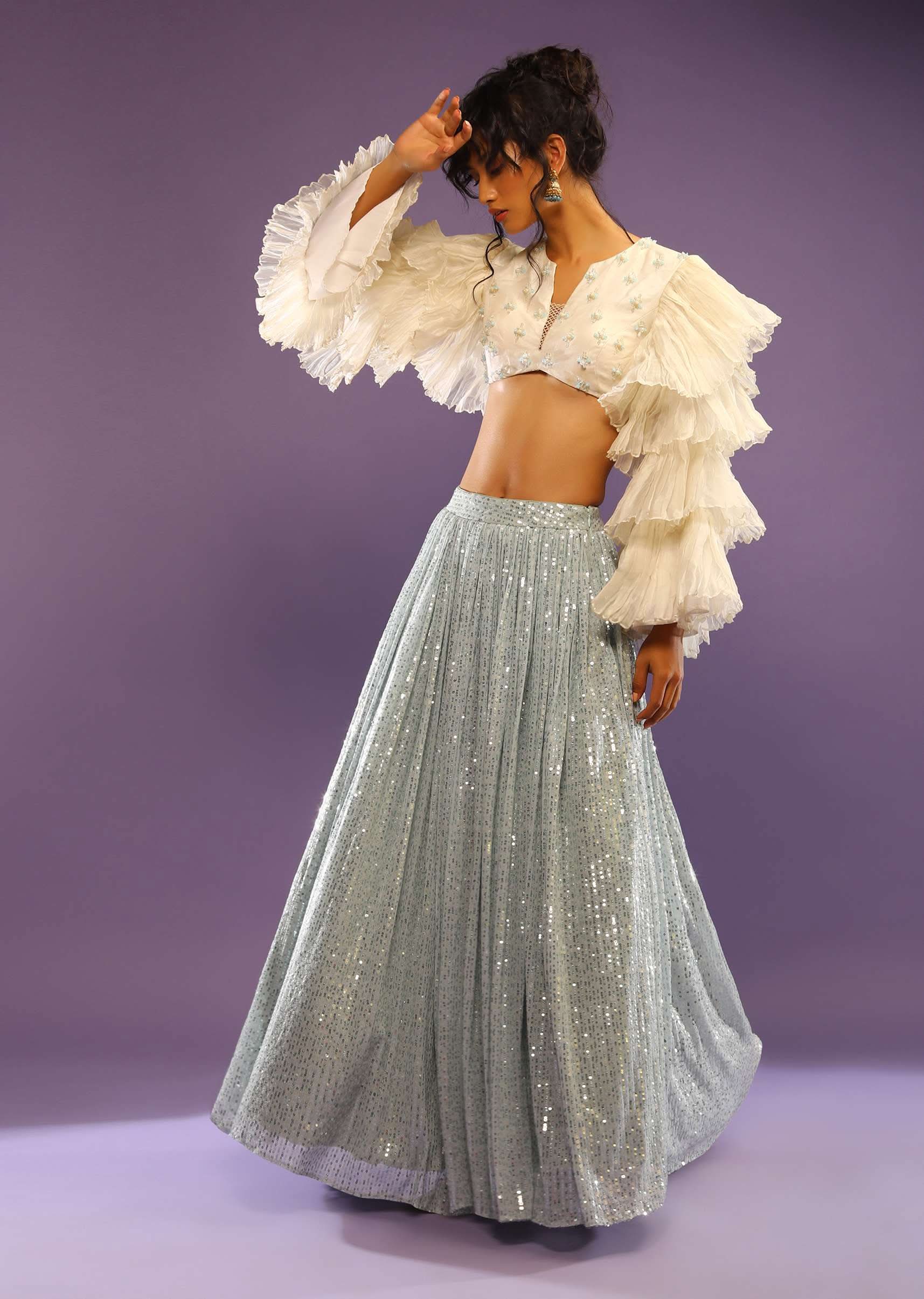 Powder Blue Sequin Skirt And White Crop Top With Fancy Layered Bell Sleeves And Plunging Neckline - Image 2
