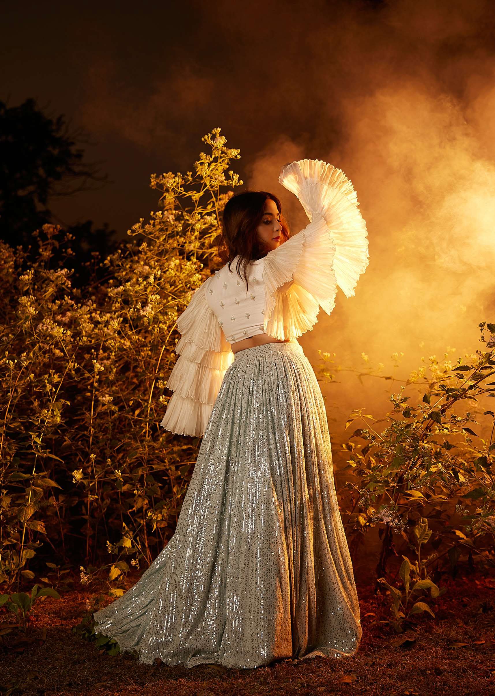 Powder Blue Sequin Skirt And White Crop Top With Fancy Layered Bell Sleeves And Plunging Neckline - Image 5