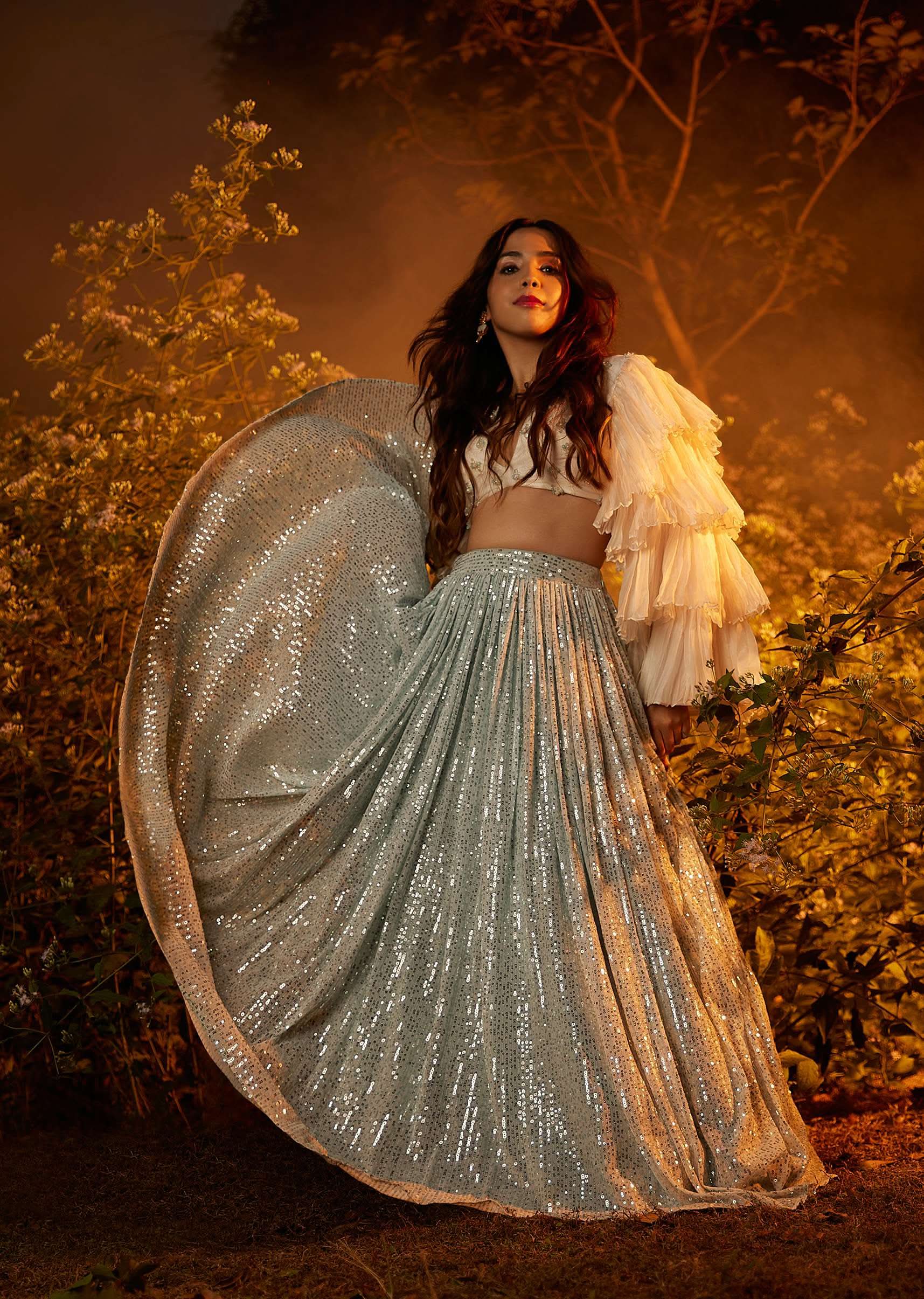 Powder Blue Sequin Skirt And White Crop Top With Fancy Layered Bell Sleeves And Plunging Neckline - Image 7