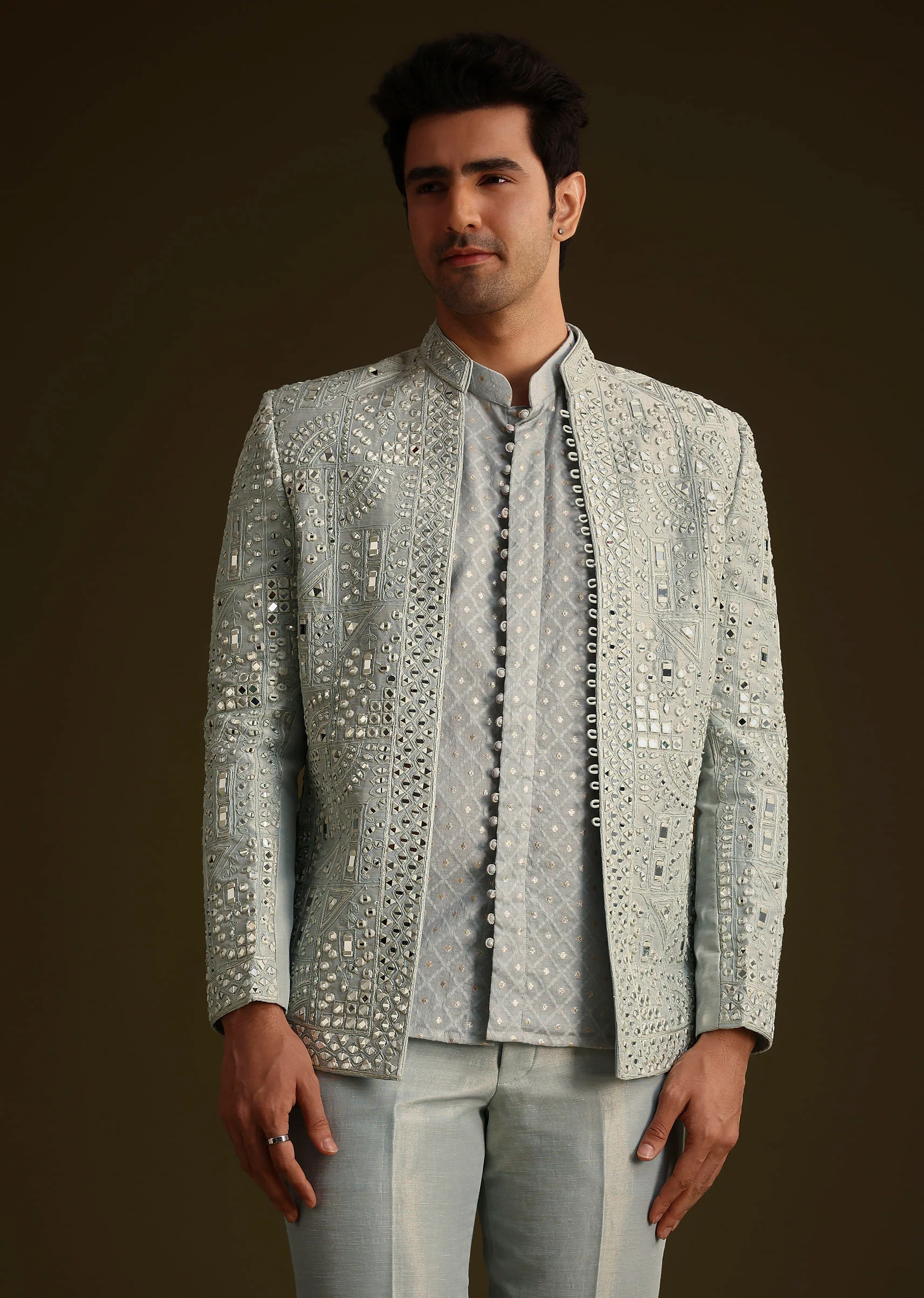 Powder Blue Silk Mirror Work Indo Jacket Set