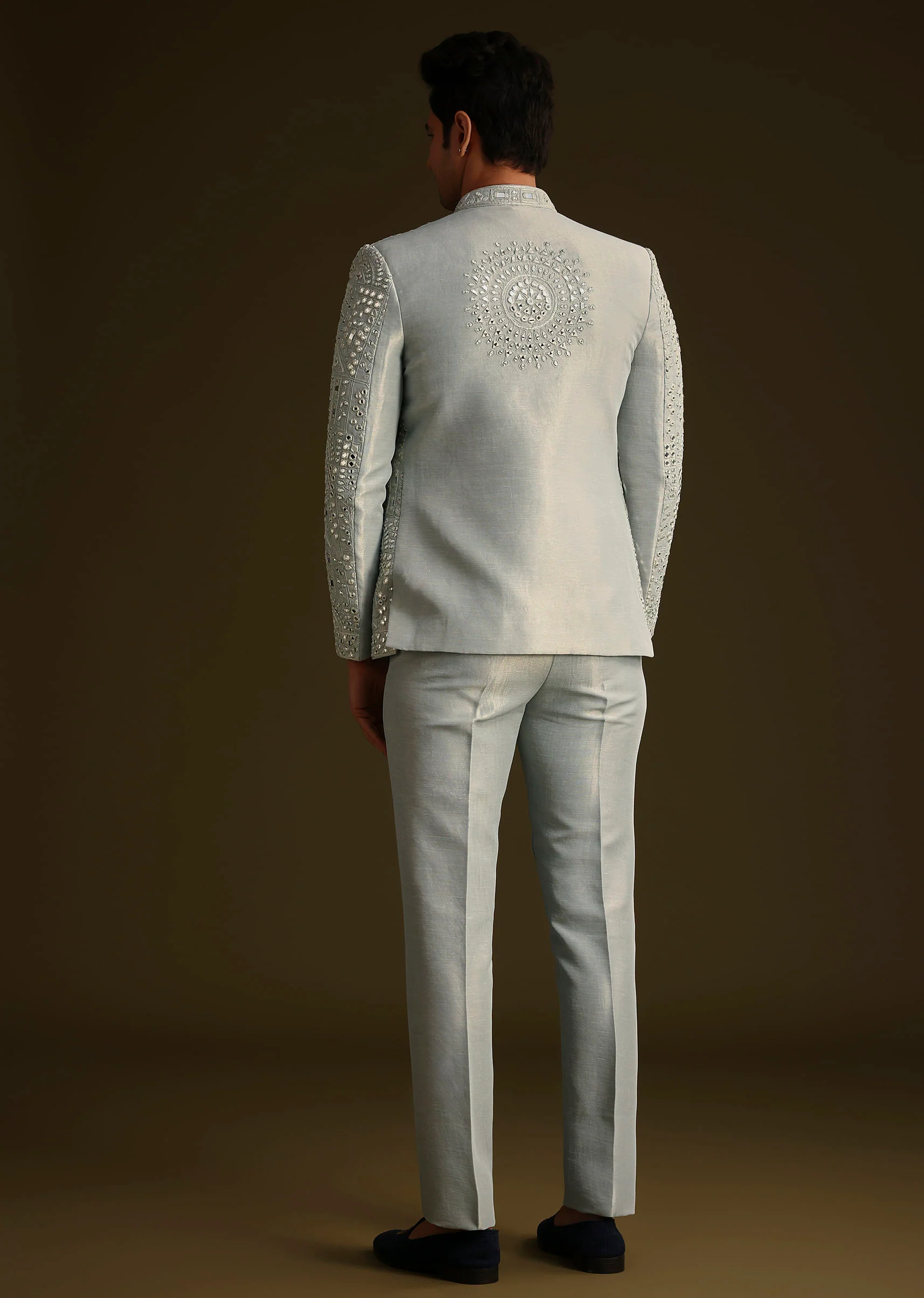 Powder Blue Silk Mirror Work Indo Jacket Set - Image 5