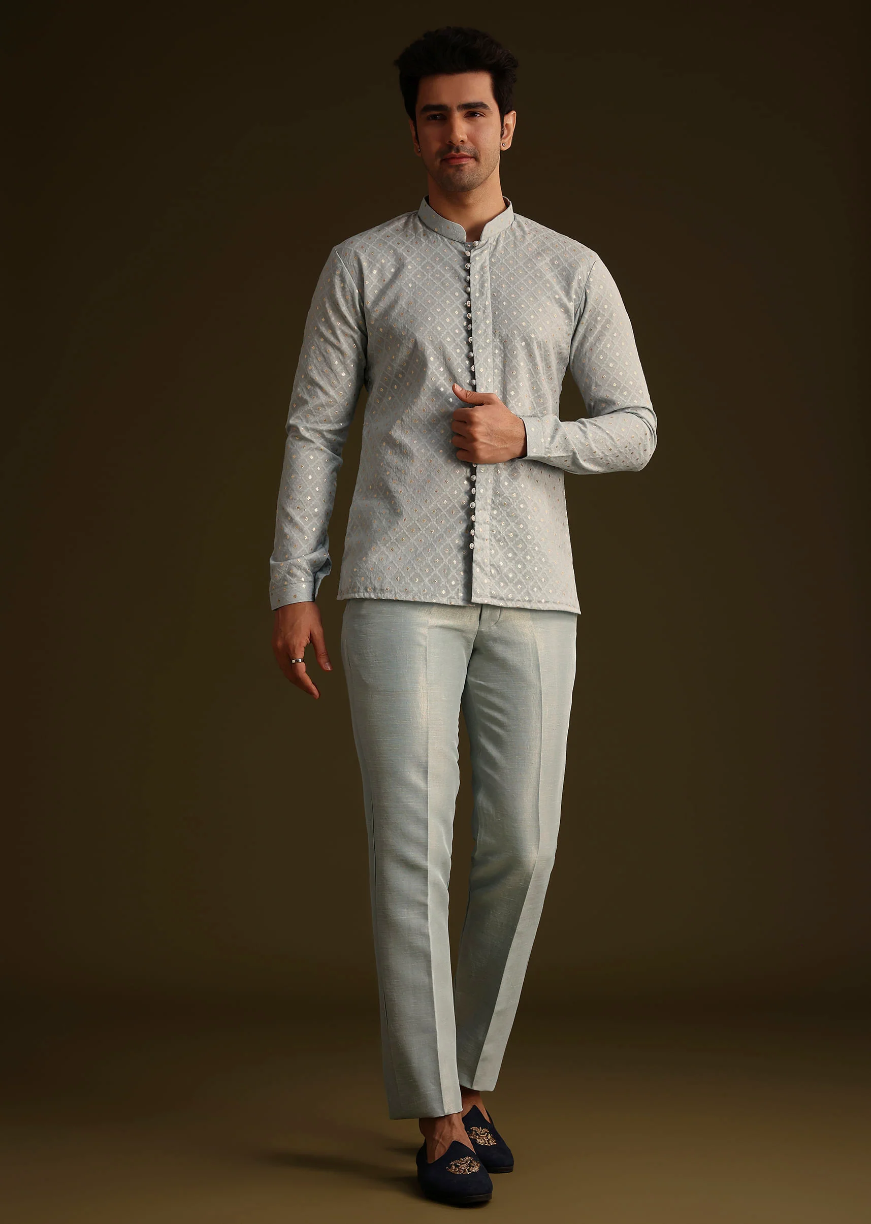 Powder Blue Silk Mirror Work Indo Jacket Set - Image 6