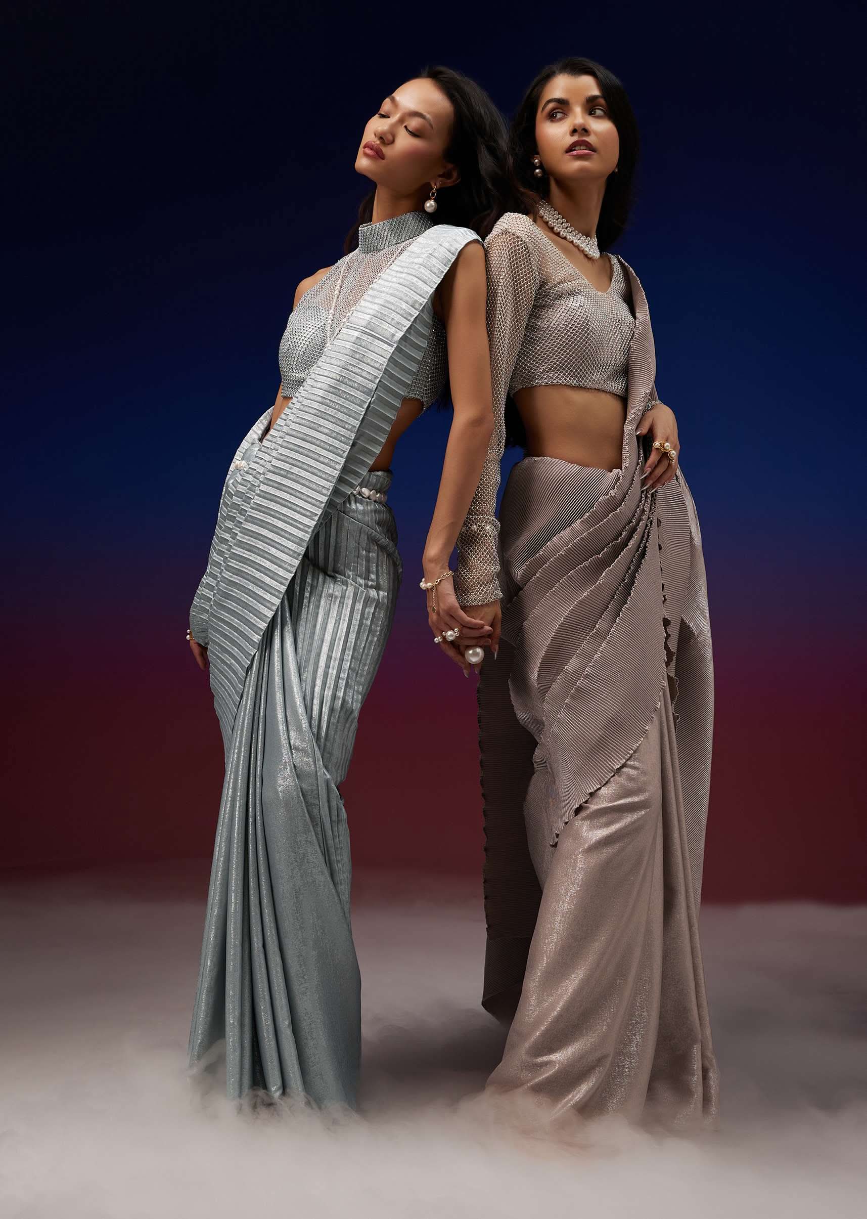 Powder Blue Silver Foil Open Saree With Net Blouse - Image 3