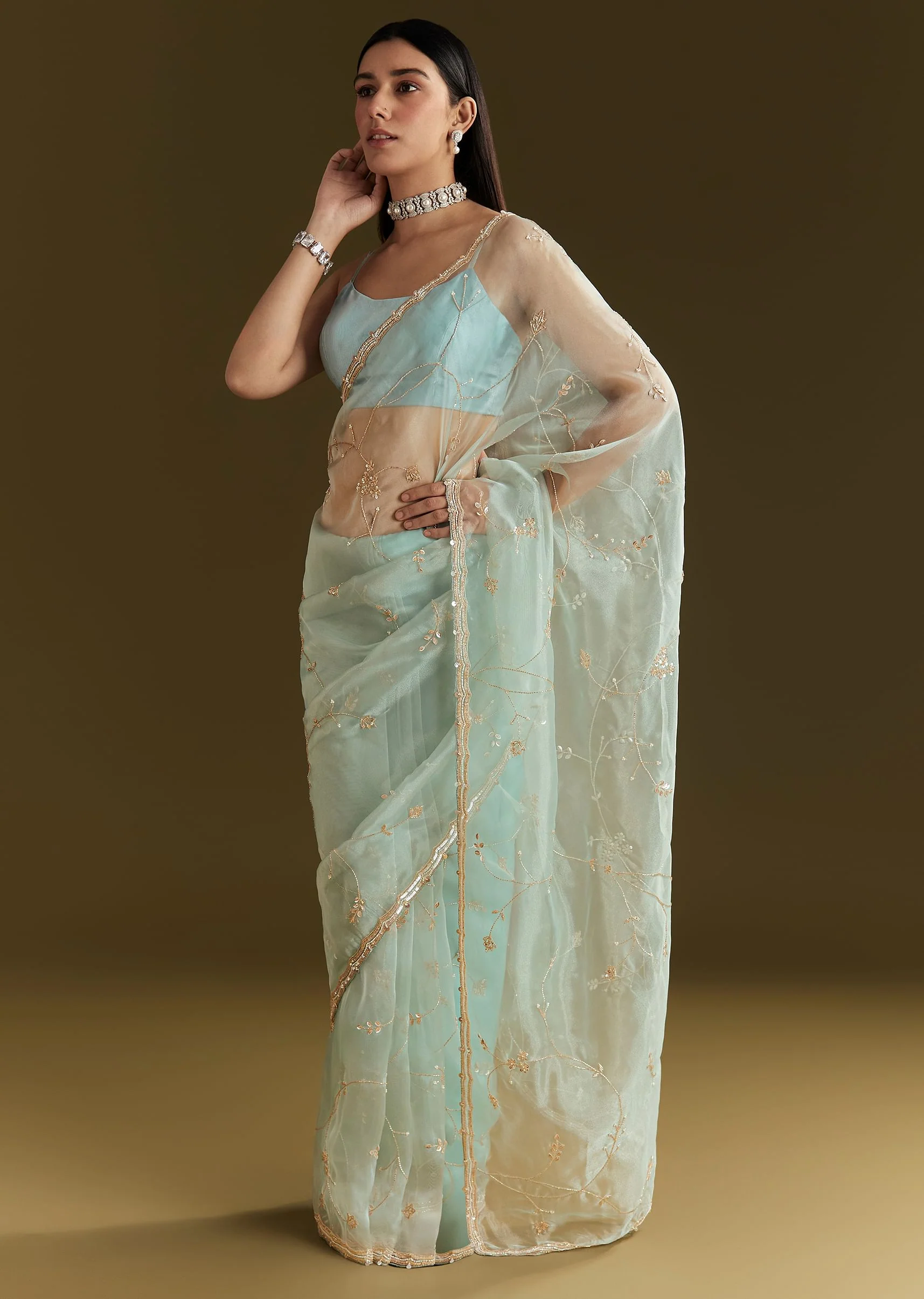 Powder Blue Tissue Embroidered Saree With Scallop Border - Image 3
