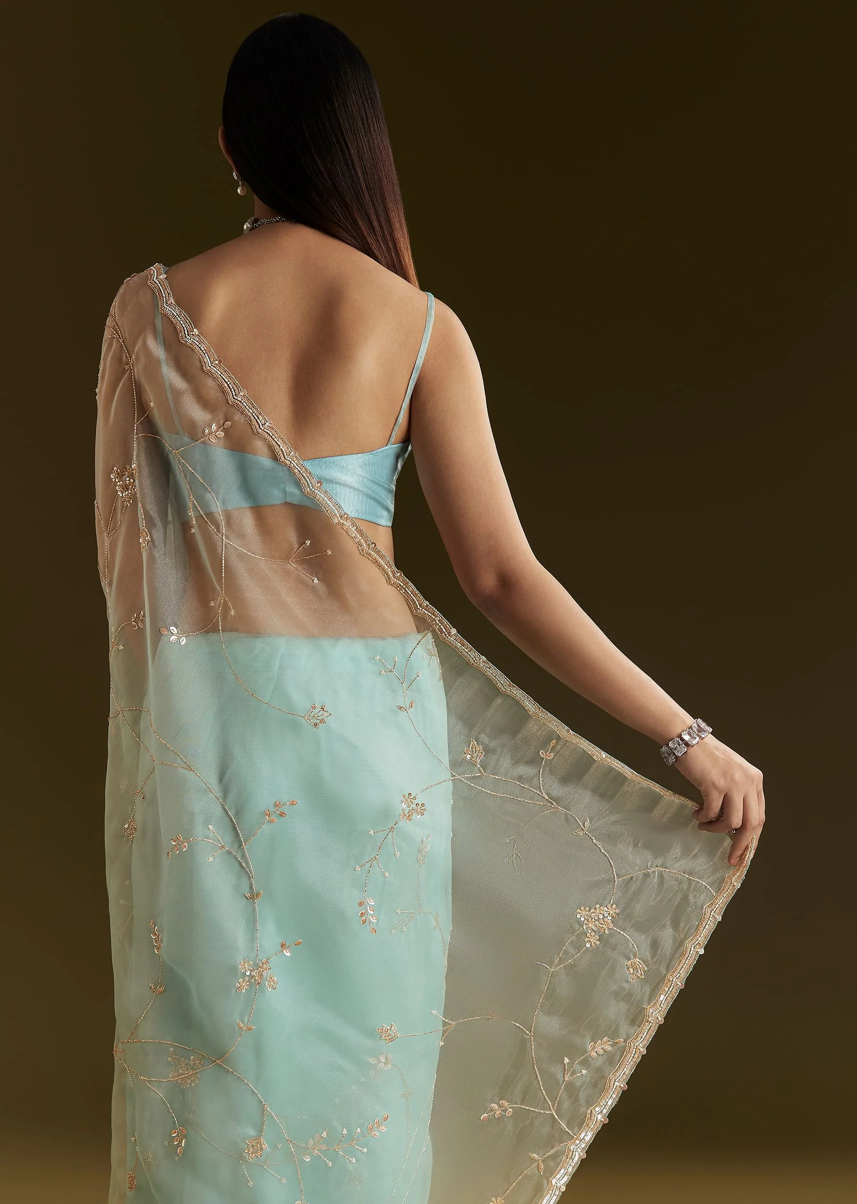 Powder Blue Tissue Embroidered Saree With Scallop Border - Image 4