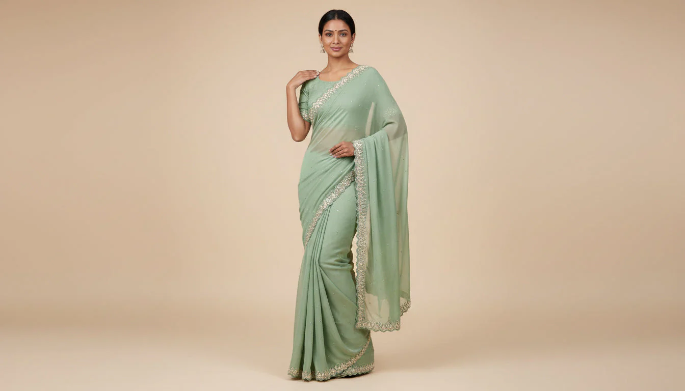 Powder Green Dewy Embroidered Saree