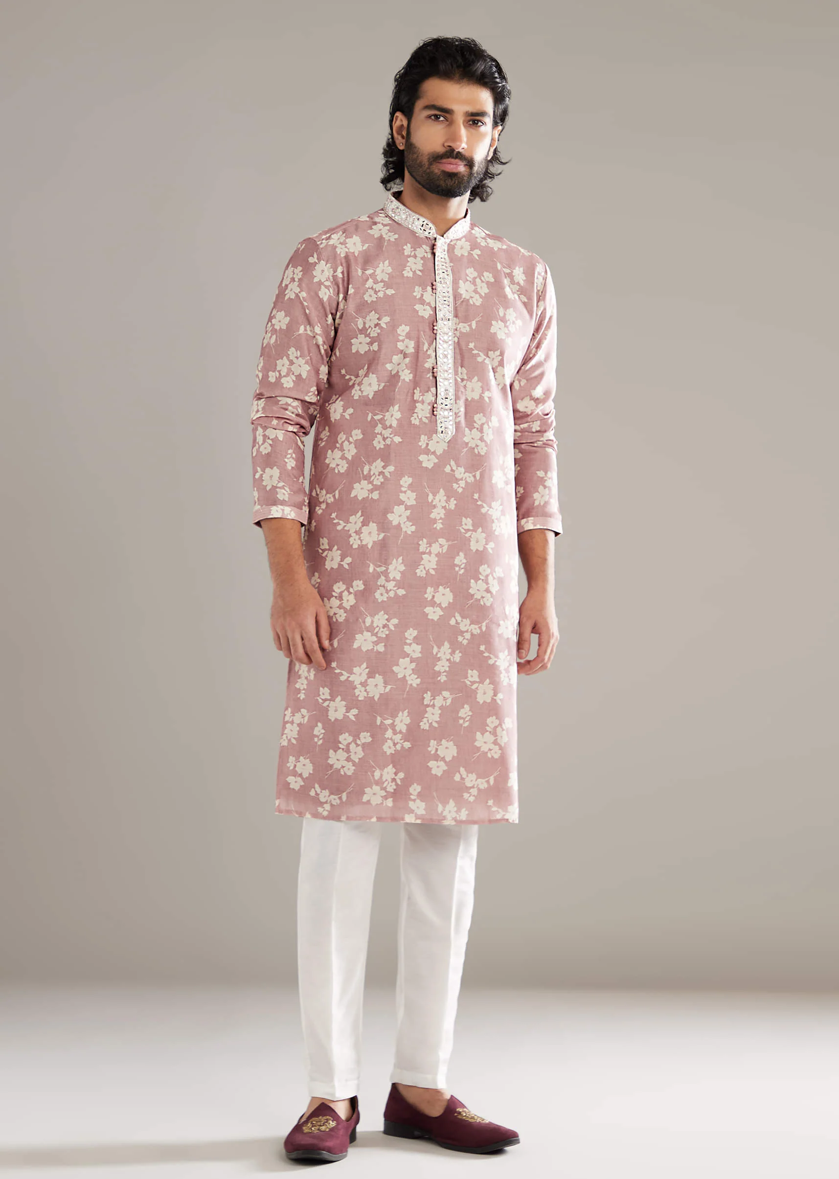 Powder Pink Kurta Set For Men With Floral Print And Mirror Work