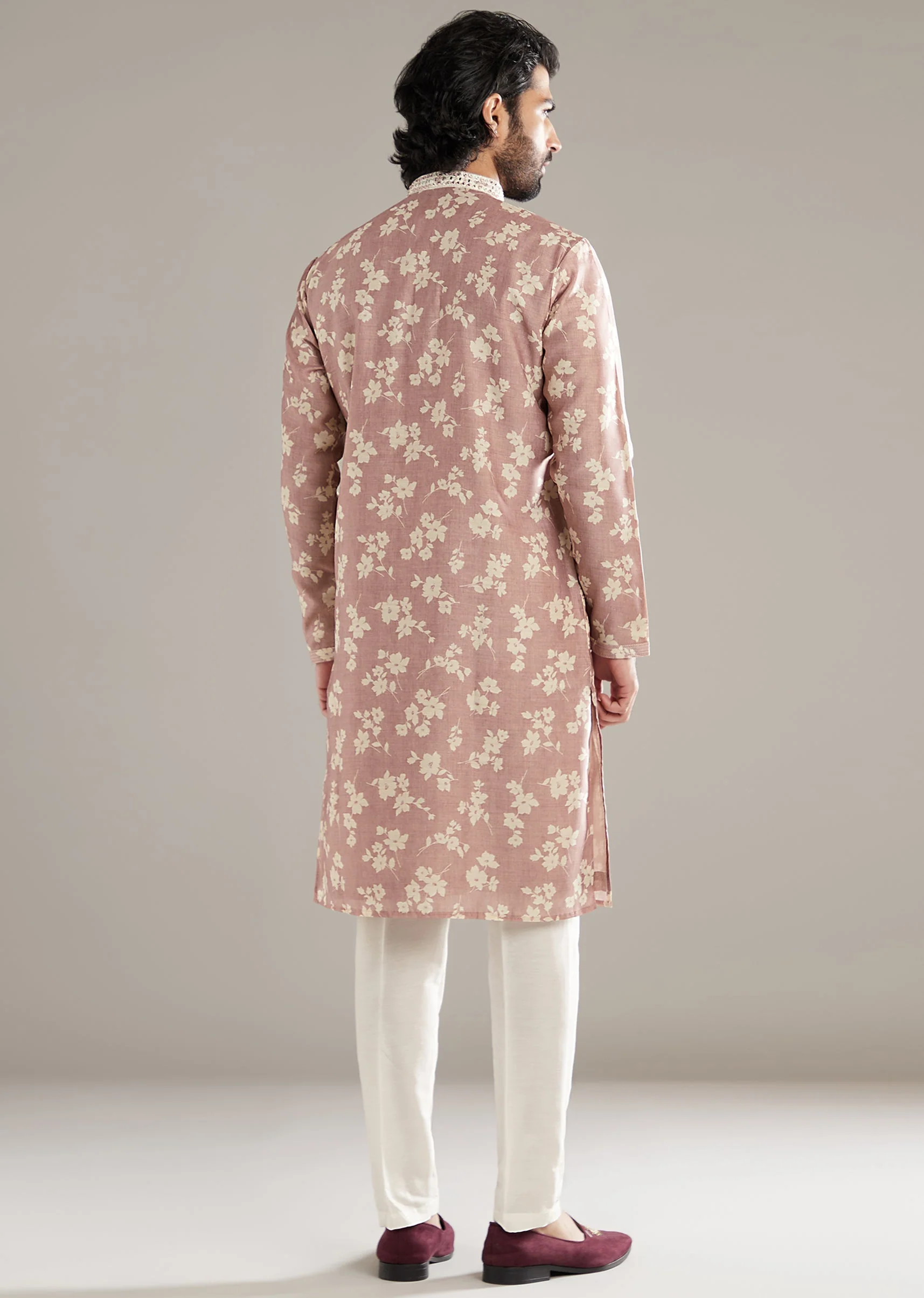 Powder Pink Kurta Set For Men With Floral Print And Mirror Work - Image 5