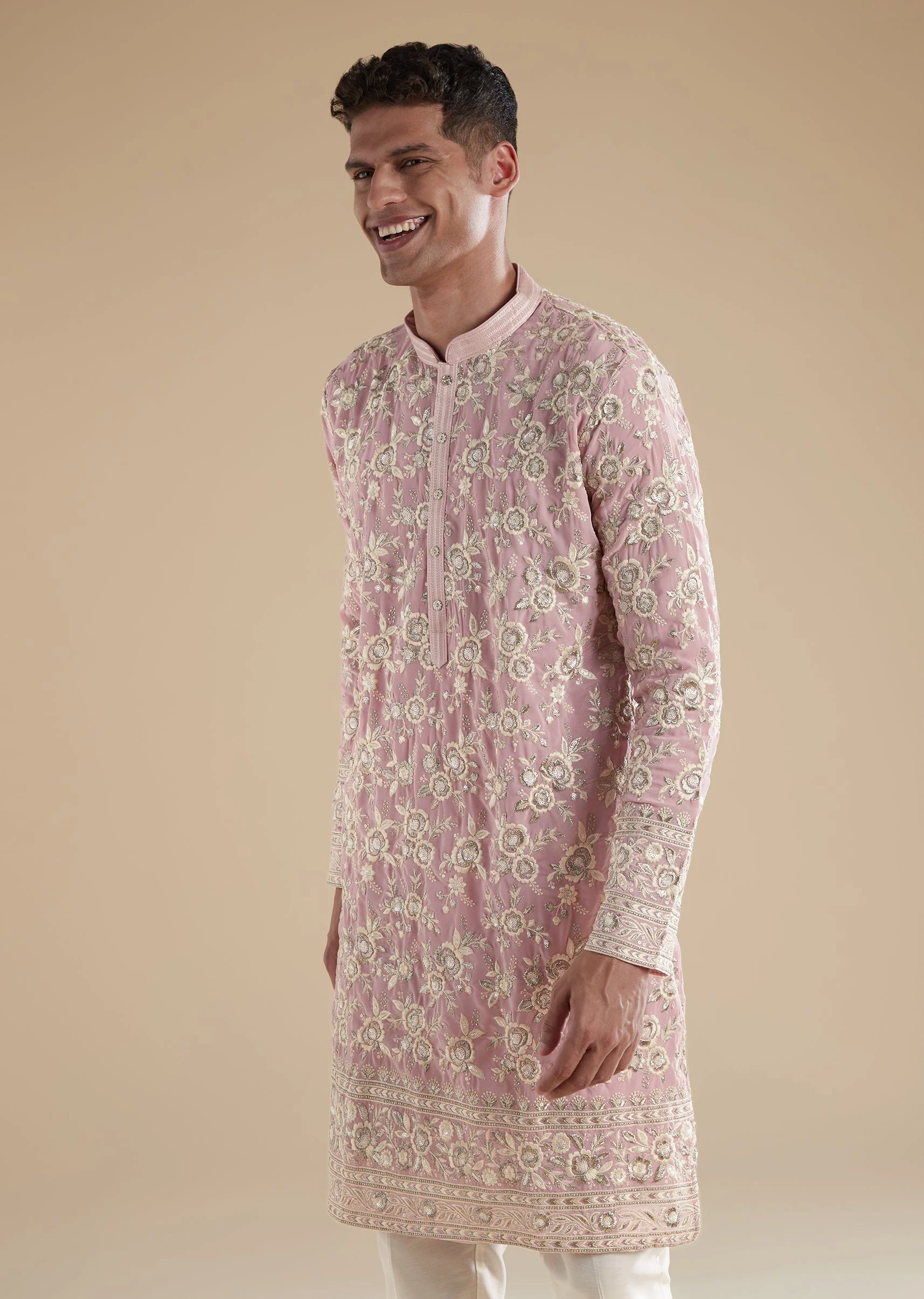 Powder Pink Kurta Set With Thread Resham And Sequins Detail - Image 4
