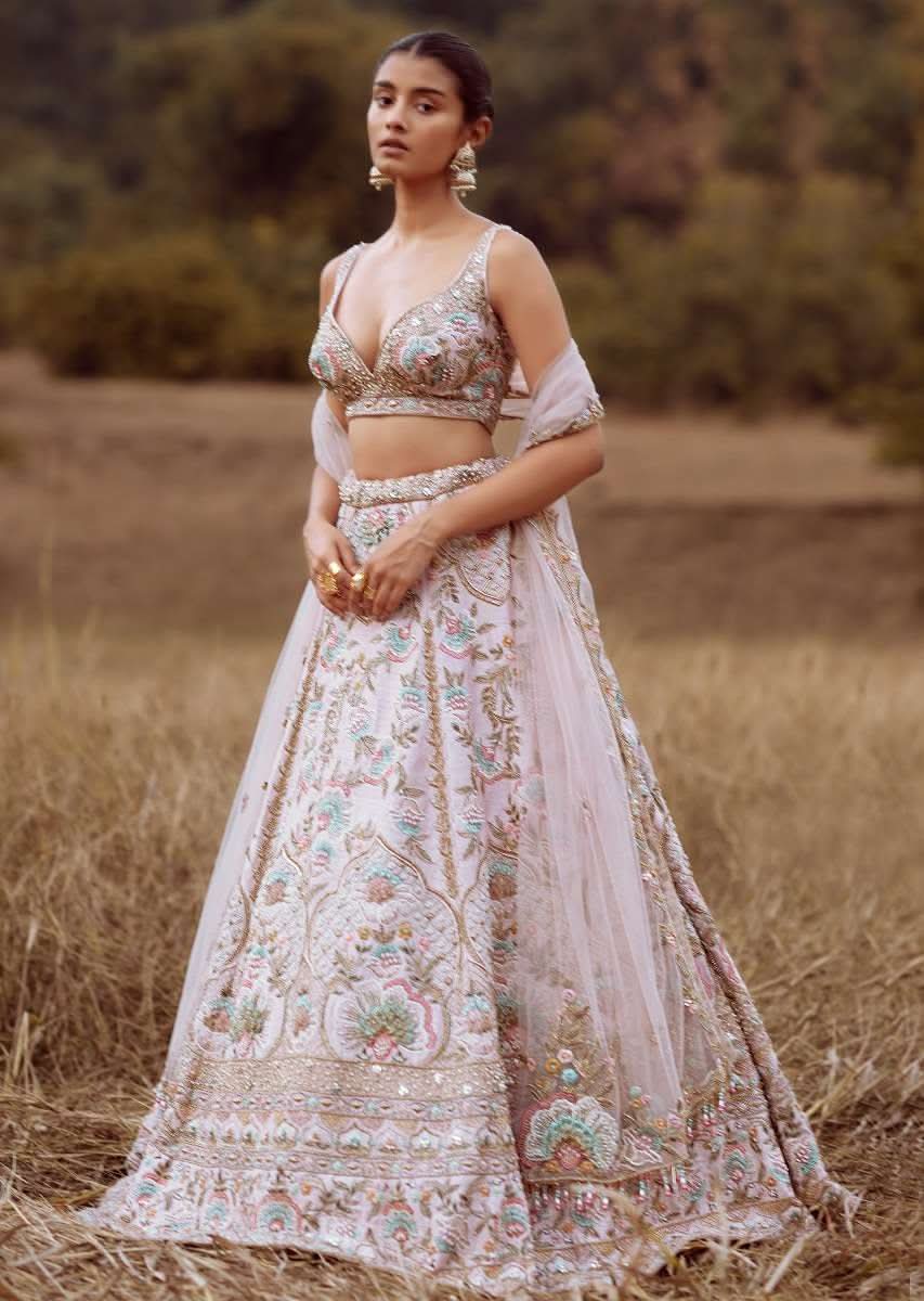 Powder Pink Lehenga Choli In Raw Silk With Colorful Resham And Cut Dana Embroidered Summertime Flowers And Mughal Motifs - Image 3