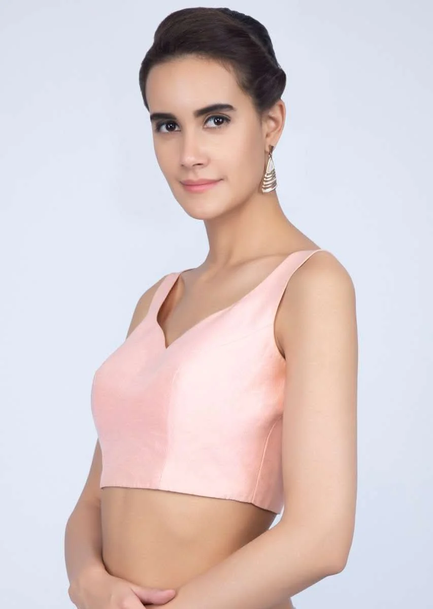 Powder Pink Blouse In Raw Silk With Sweet Heart Neck - Image 3