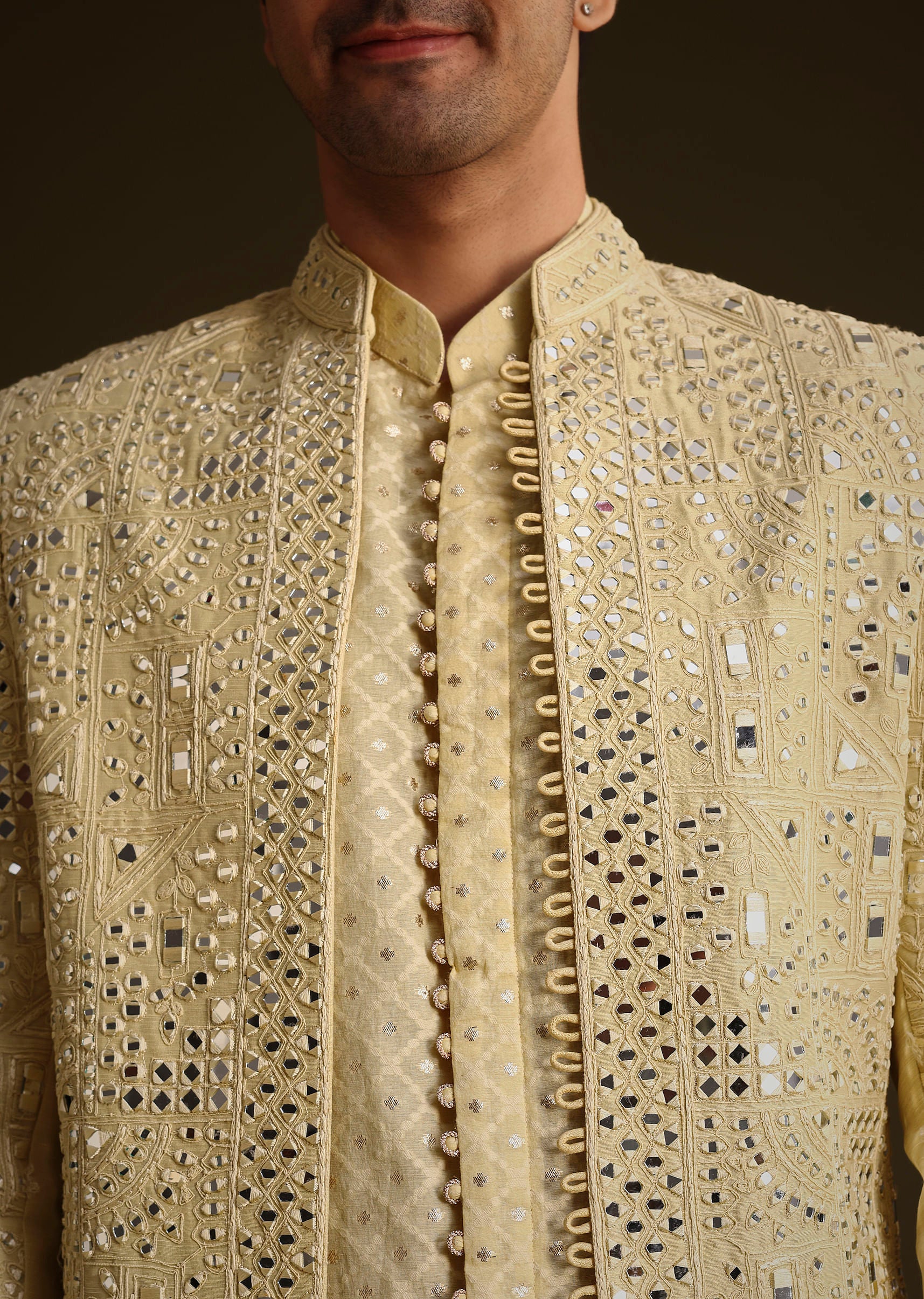 Powder Yellow Silk Mirror Work Indo Jacket Set - Image 3