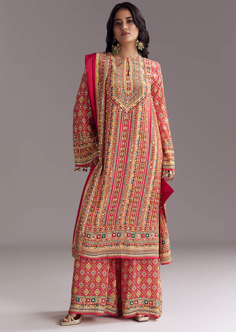 Crimson Red Printed Palazzo Suit Set - Image 3