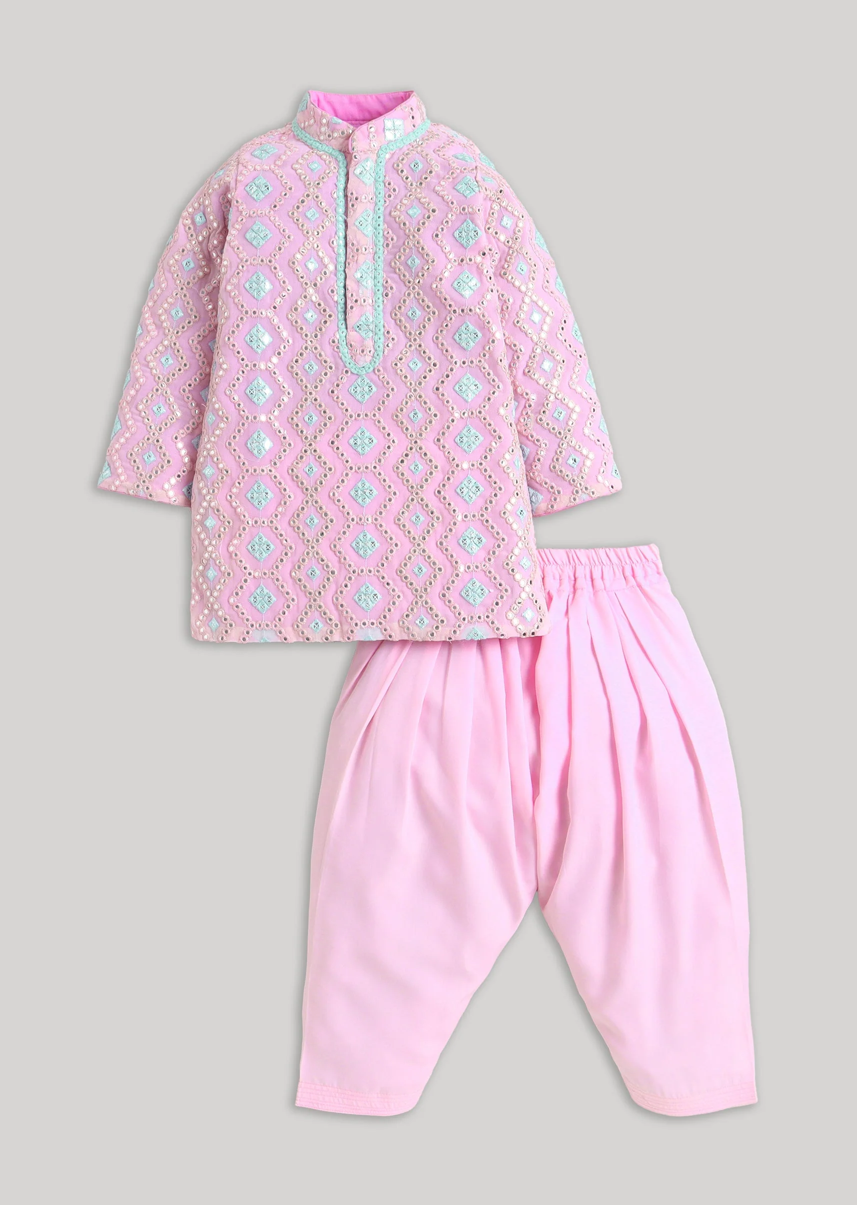 Premium Pink Blue Kurta Set With Embroidery And Mirror Detailing - Image 2