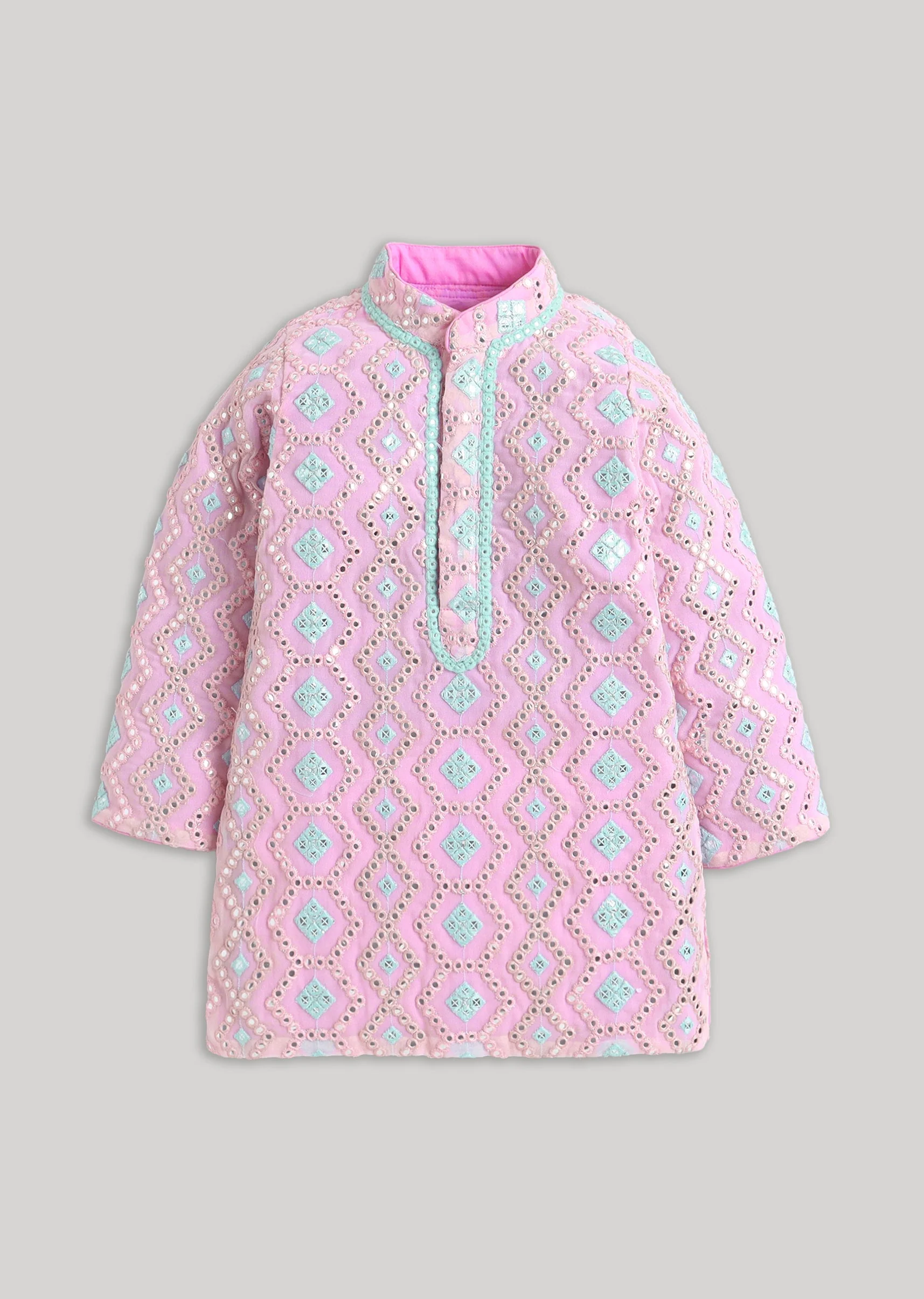 Premium Pink Blue Kurta Set With Embroidery And Mirror Detailing - Image 3