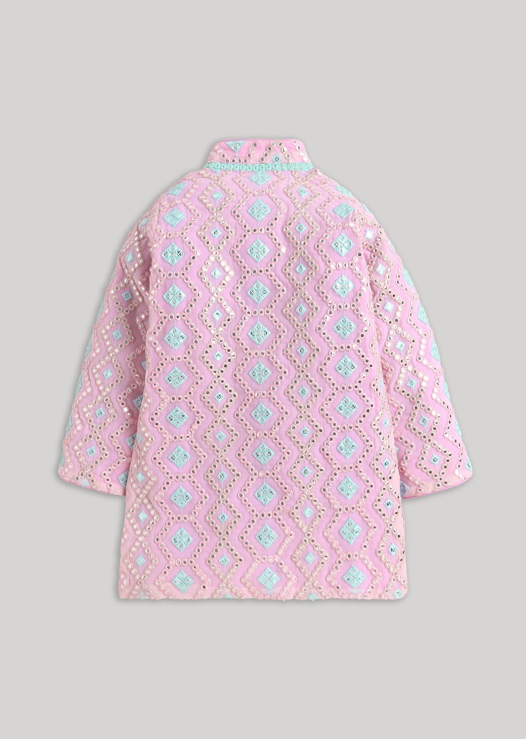 Premium Pink Blue Kurta Set With Embroidery And Mirror Detailing - Image 4