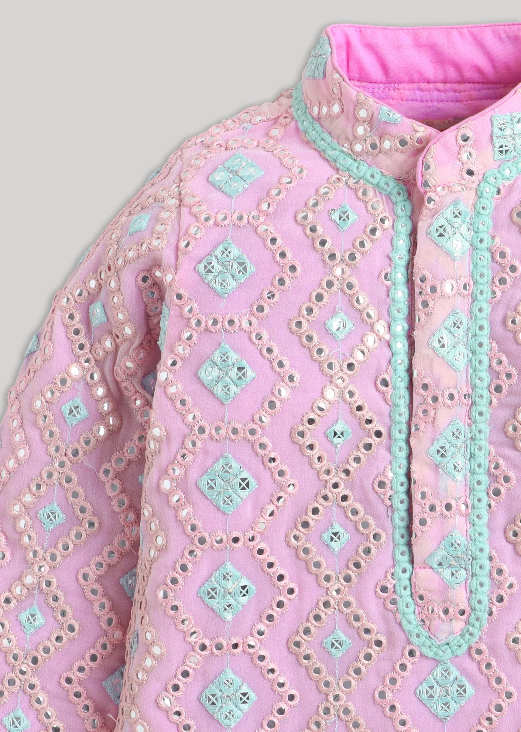 Premium Pink Blue Kurta Set With Embroidery And Mirror Detailing - Image 5