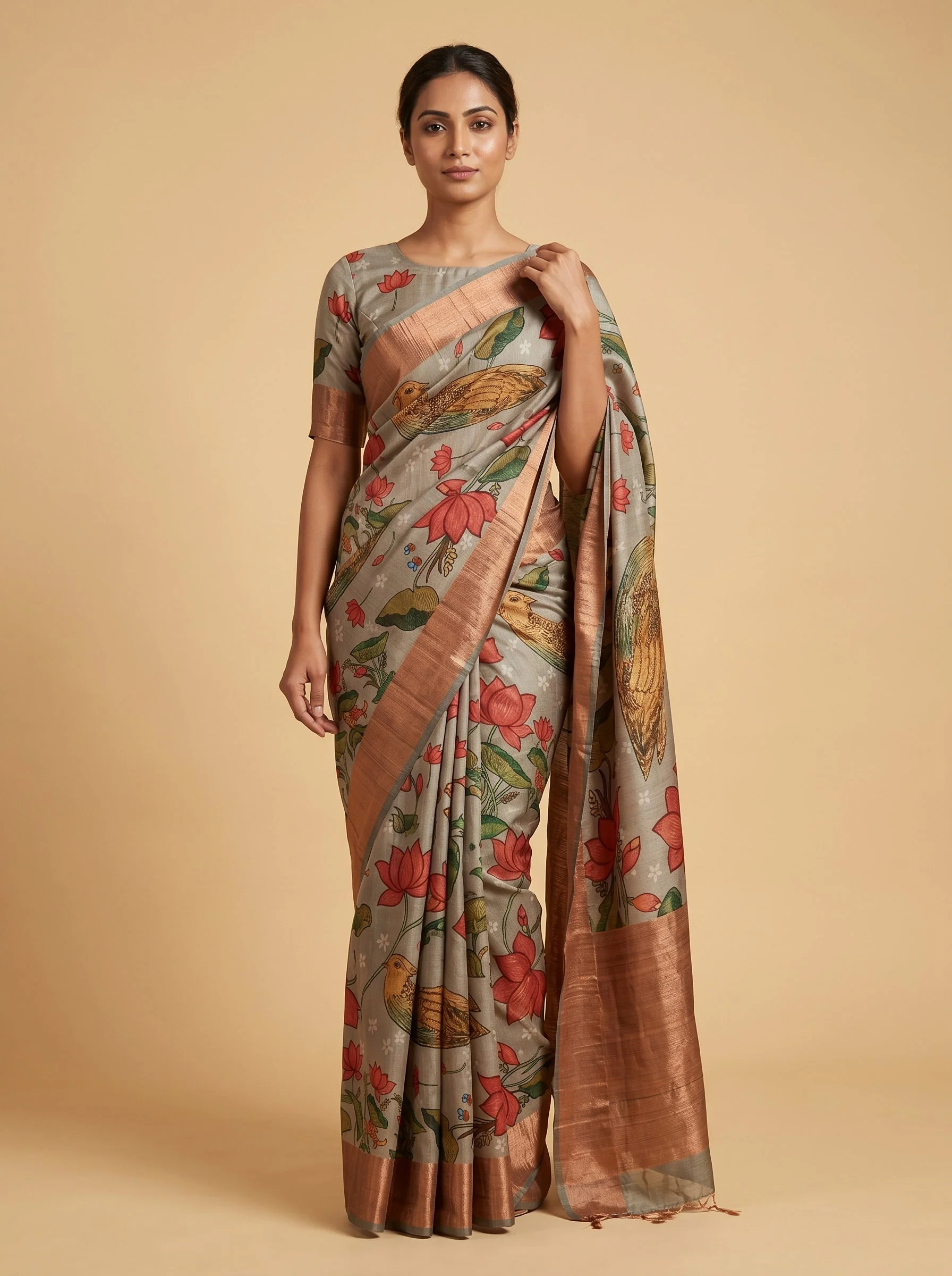 Printed Stone Grey Saree