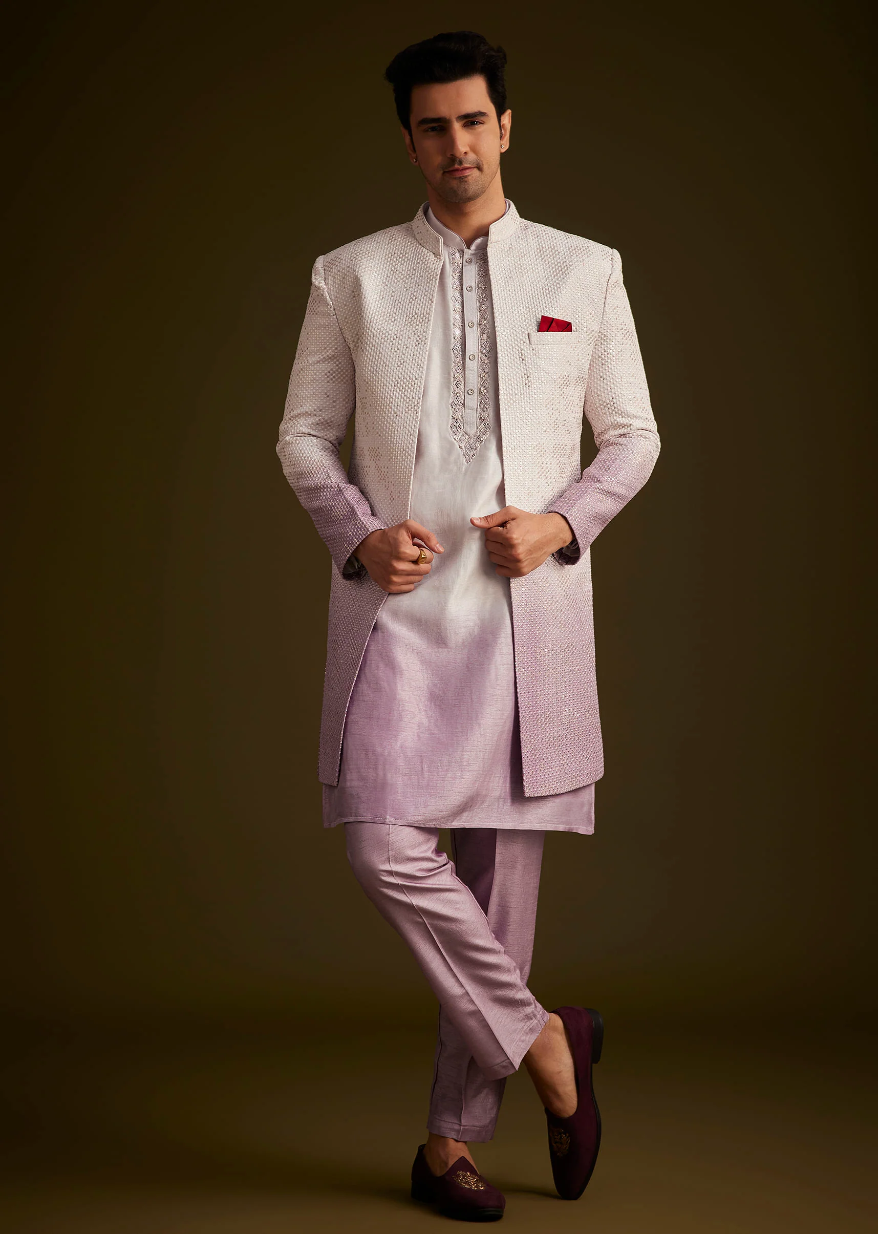 Purple and Lilac Ombre Sherwani With Embroidery - Image 2