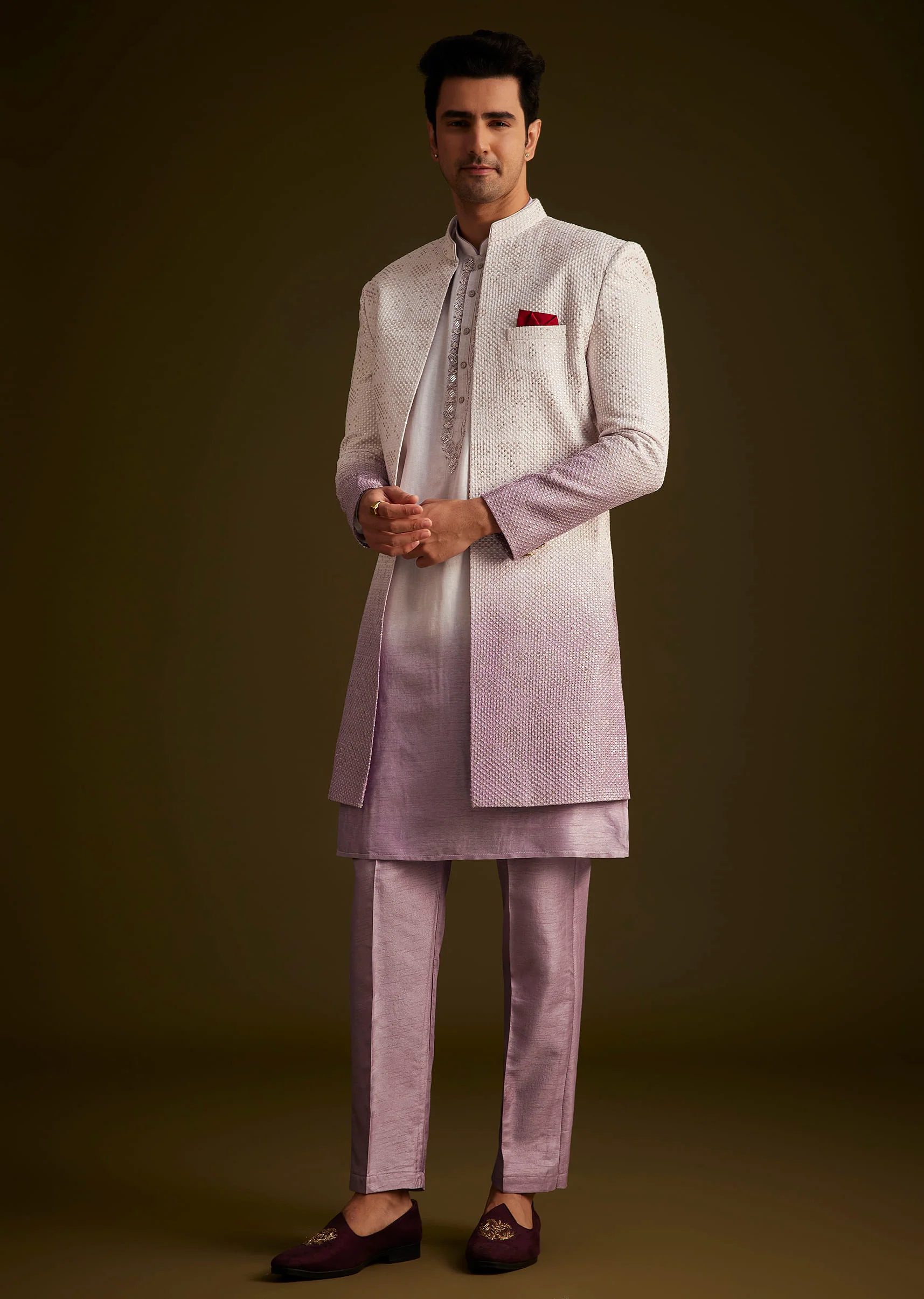 Purple and Lilac Ombre Sherwani With Embroidery - Image 4