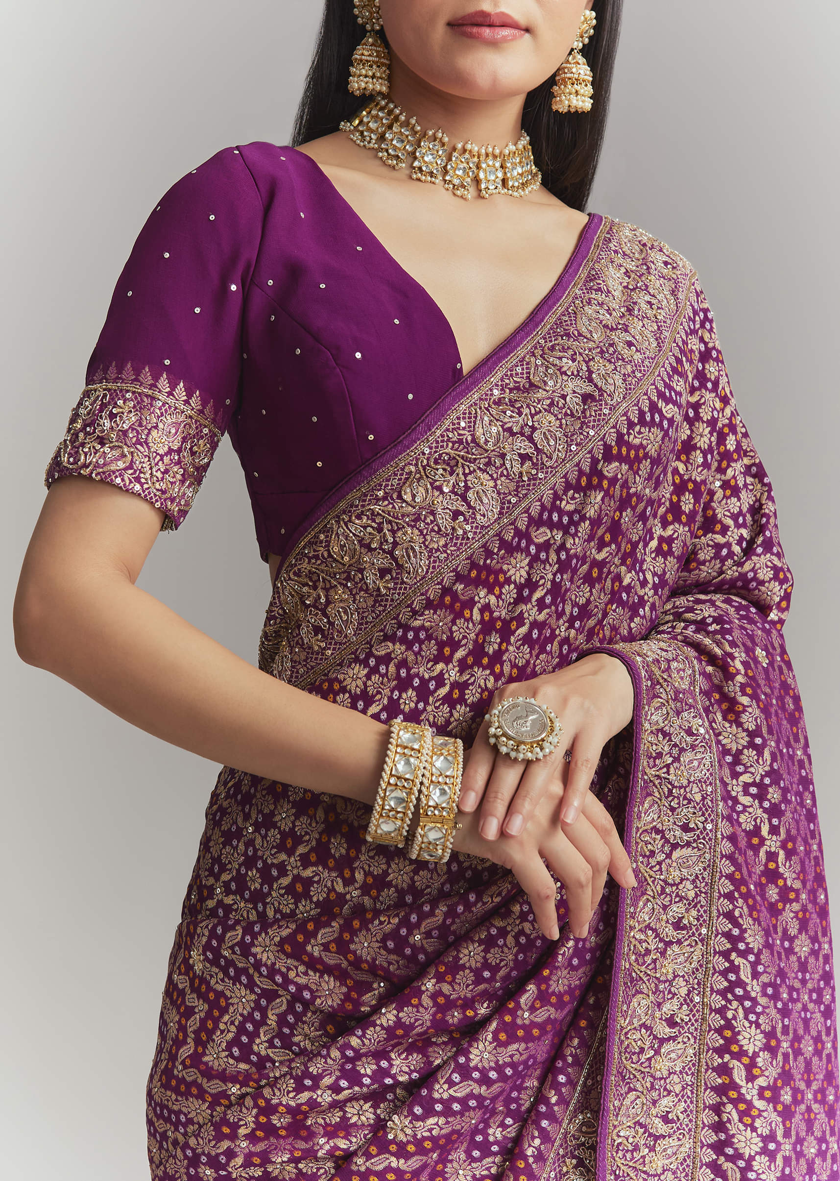 Purple Banarasi Georgette Embroidered Saree With Heavy Hand Embroidery - Image 2