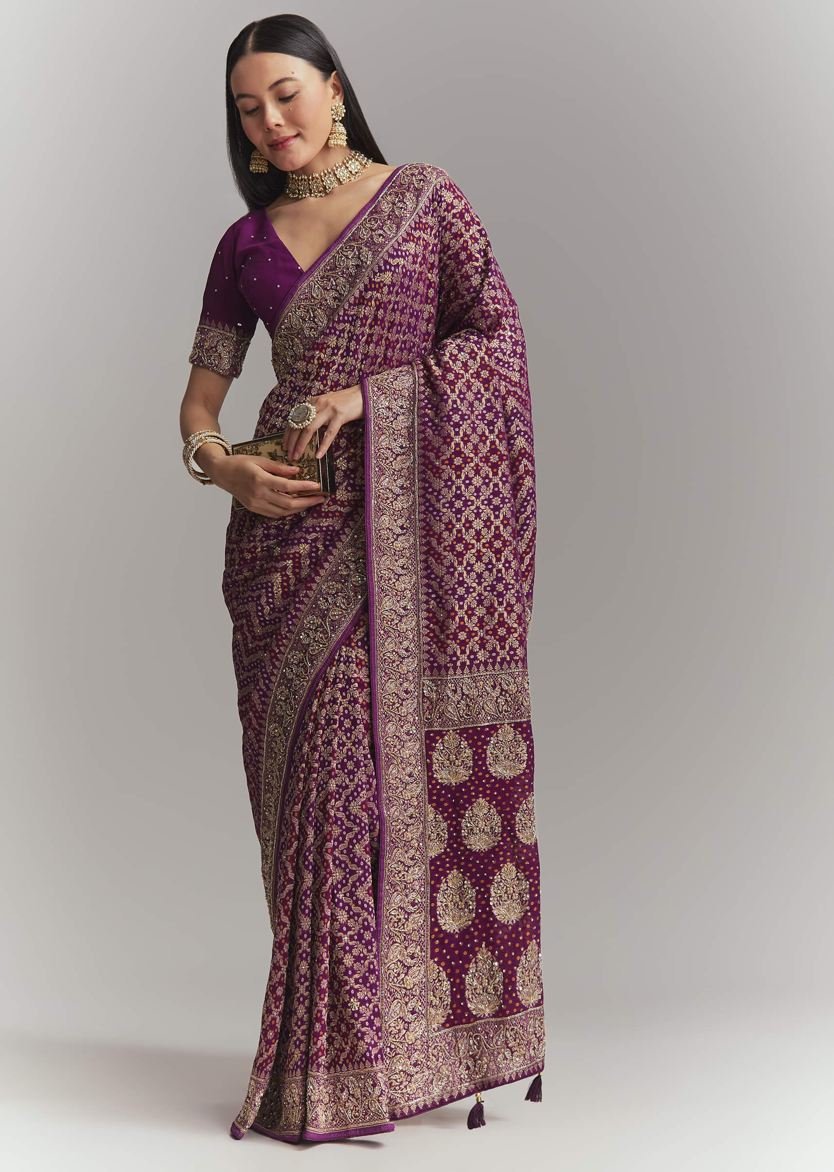 Purple Banarasi Georgette Embroidered Saree With Heavy Hand Embroidery - Image 3